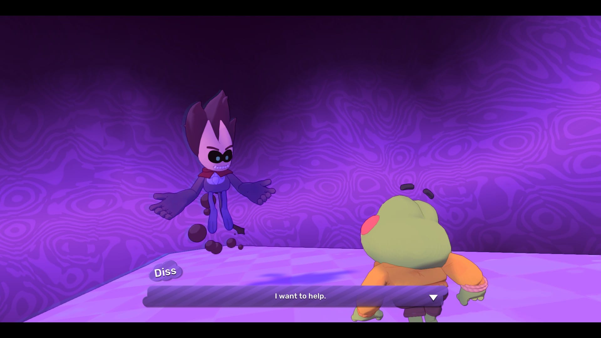 A grinning, purple guy called Diss floats in a purple void. "I want to help," he says to a frog.