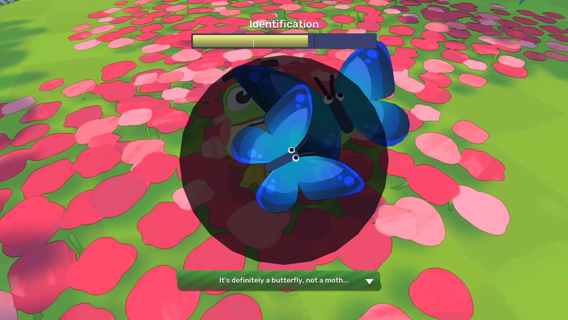 A butterfly is in the middle of an "identification" screen. "It's definitely a butterfly, not a moth," says Hop.