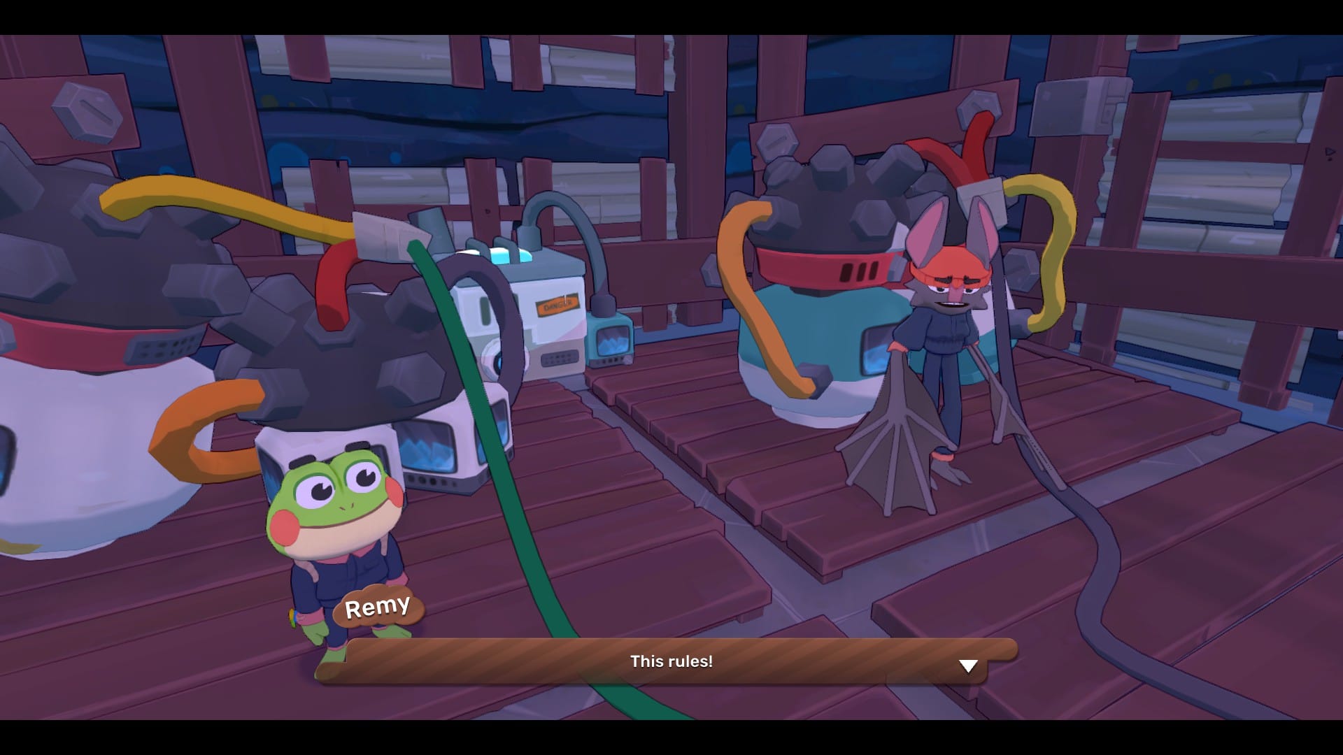 Hop (a frog) and Remy (a bat) stand surrounded by explosives. "This rules!" says Remy.