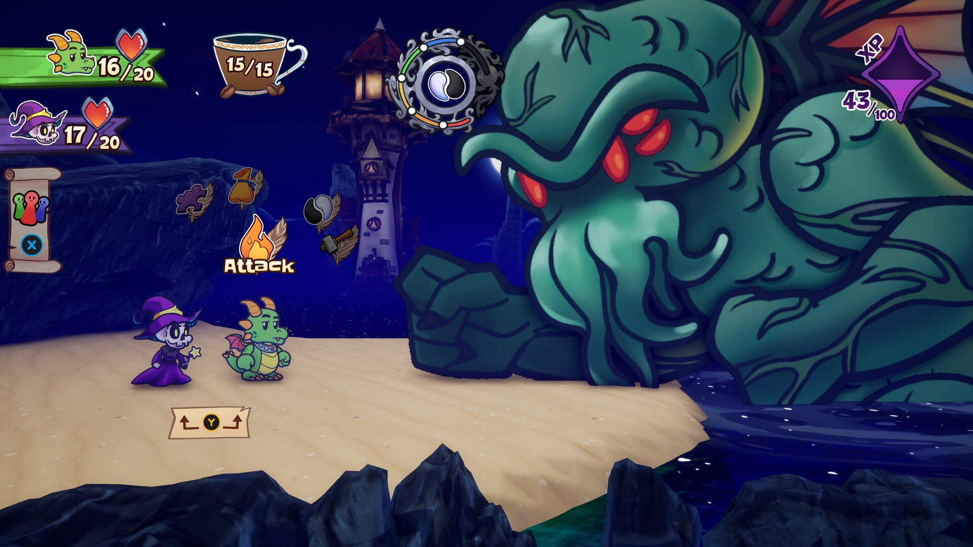 A dragon and skeleton wizard face-off against a Cthulhu-ish monster in a 2D turn-based battle.