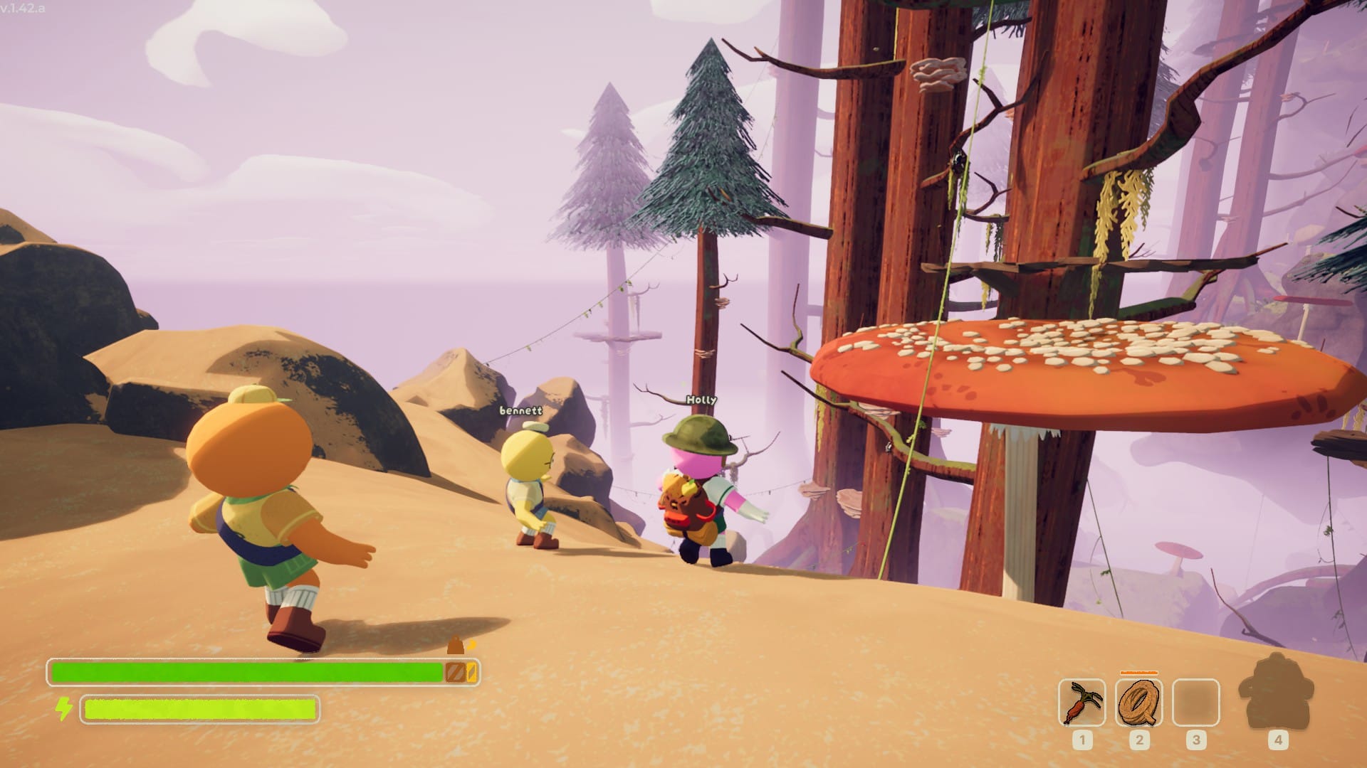The three Peak players look toward a giant toadstool and a green vine that will get them across to it.