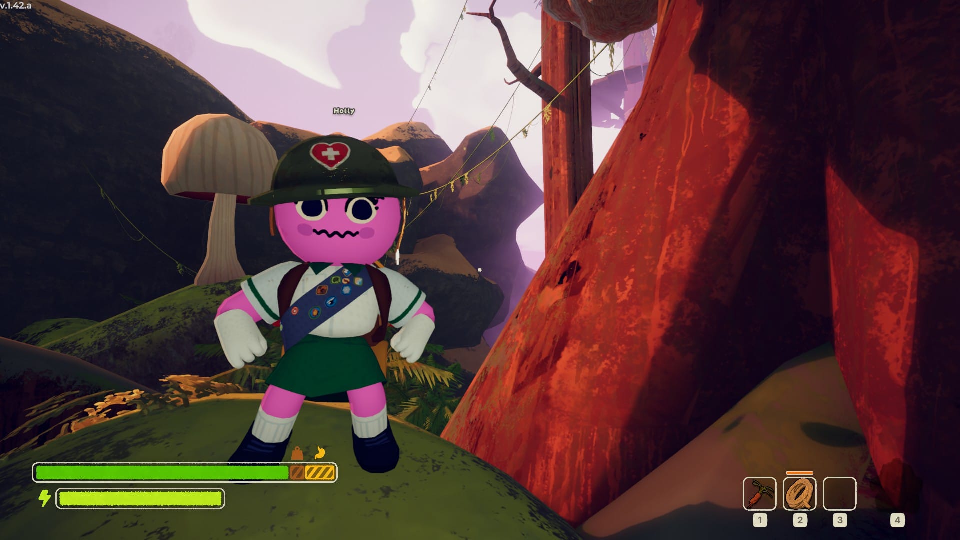 Holly looks at the camera with a squiggly mouth, posing with hands on hips.