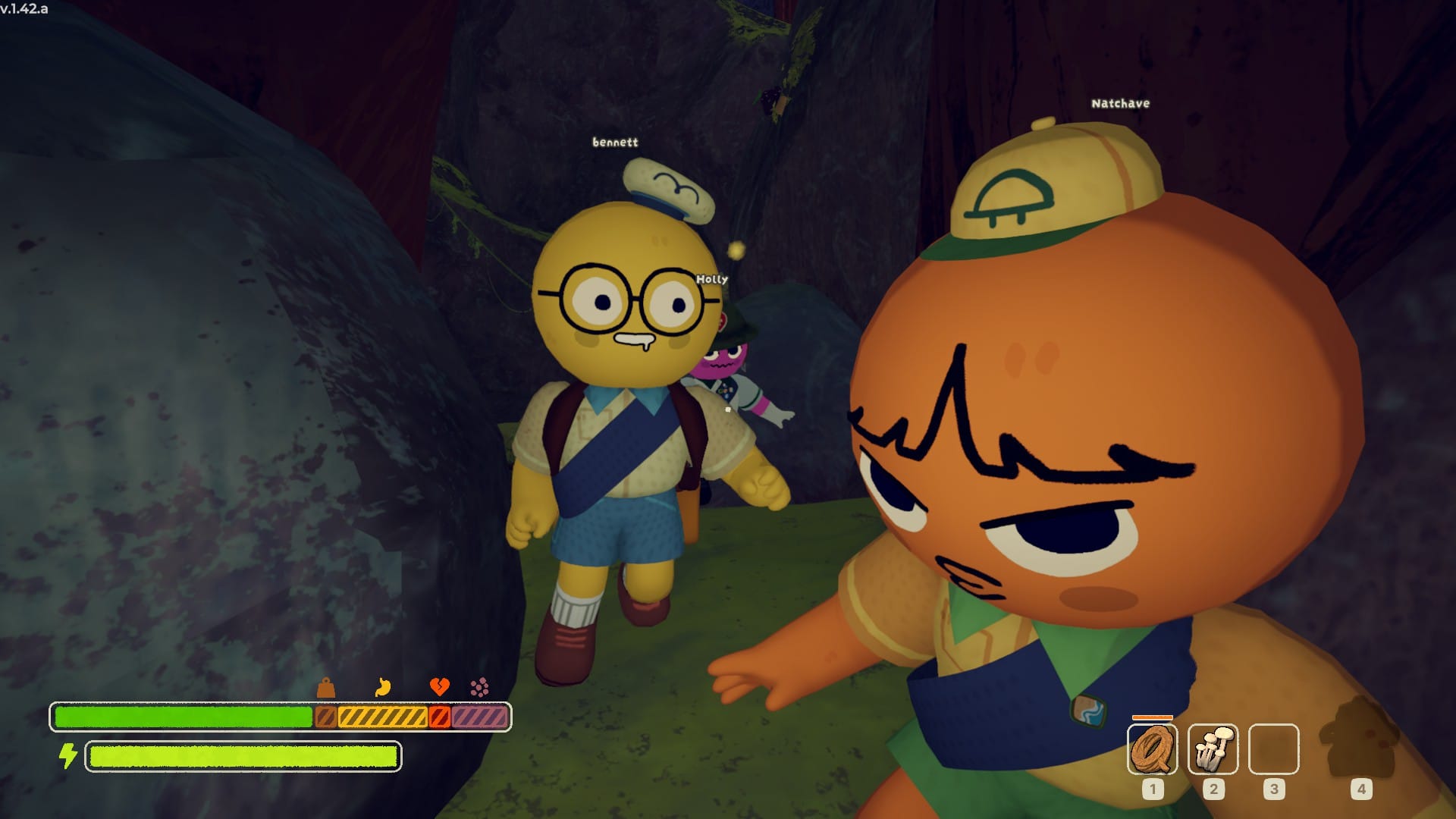 Bennett smiles vacantly at Emeric as they squeeze through some rocks together.