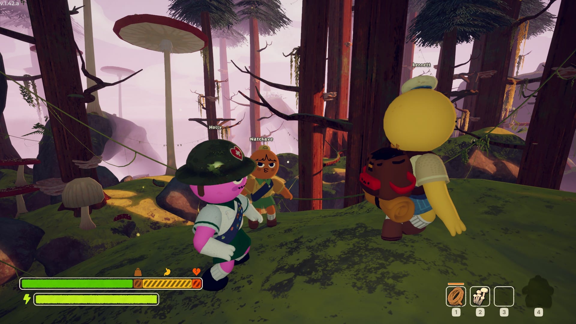 Holly looks in the backpack Bennett is carrying.