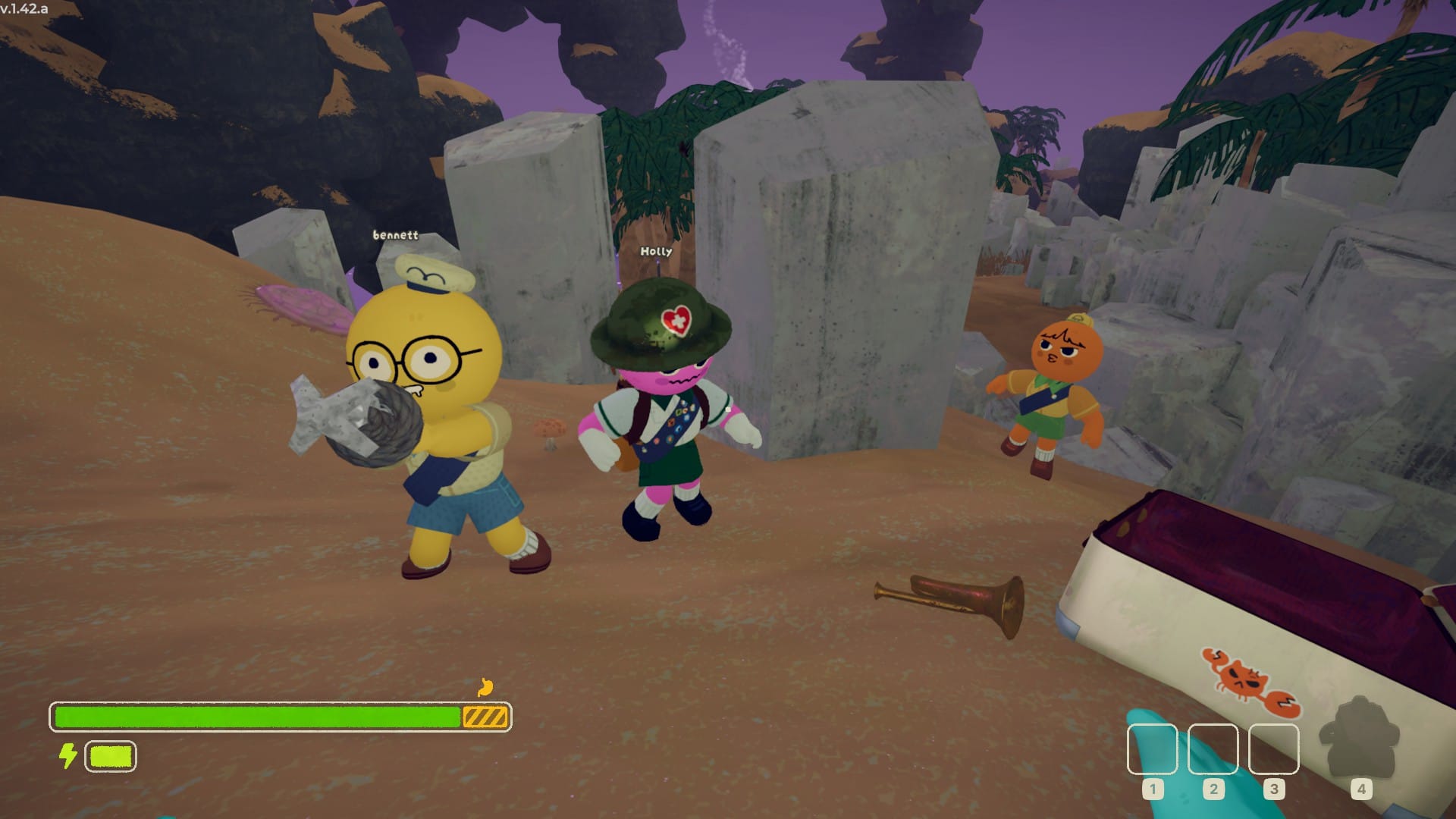 The trio of players continue uphill, one of them pointing a harpoon gun at the camera.