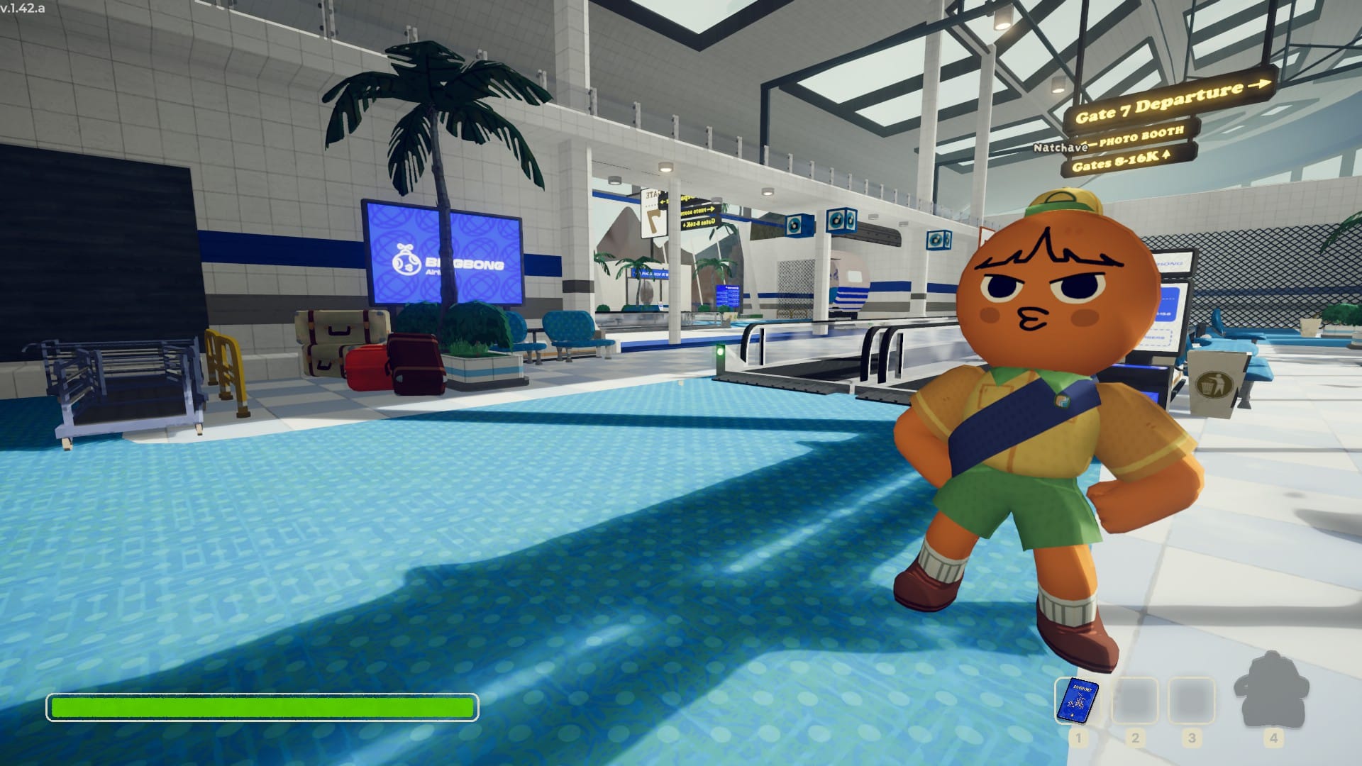 Emeric stands with his hands on hips in Peak's airport lobby.