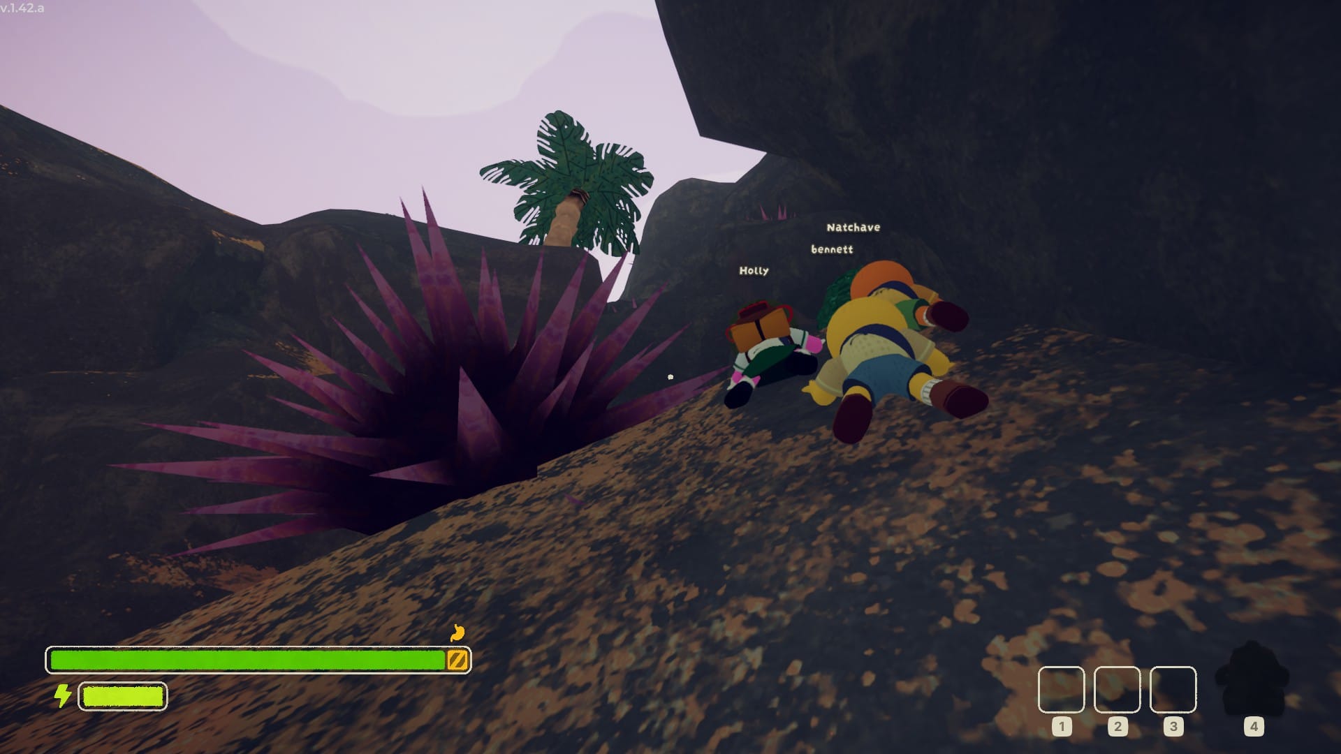 The group climb past a purple poisonous urchin and its spines.