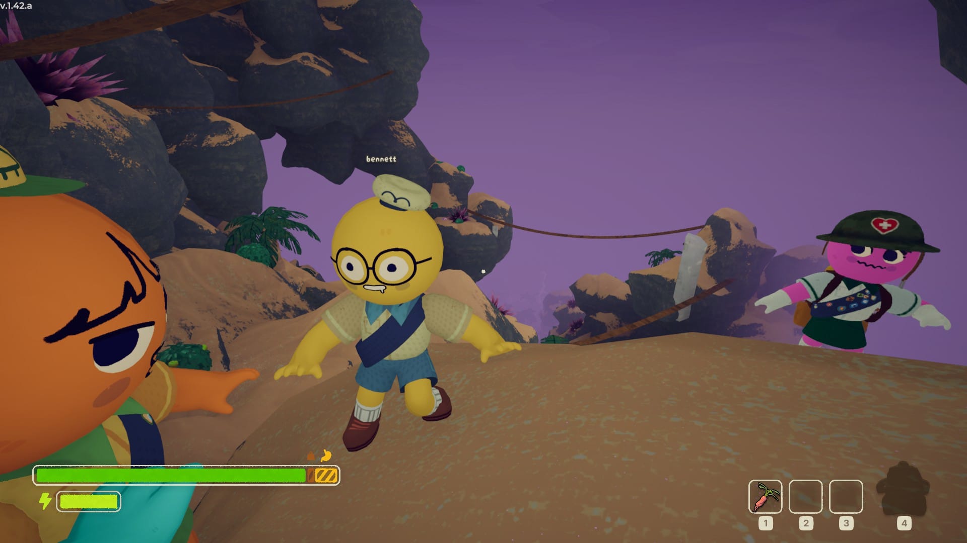 The three climbers pause for a moment in the purple twilight high on the cliffside.