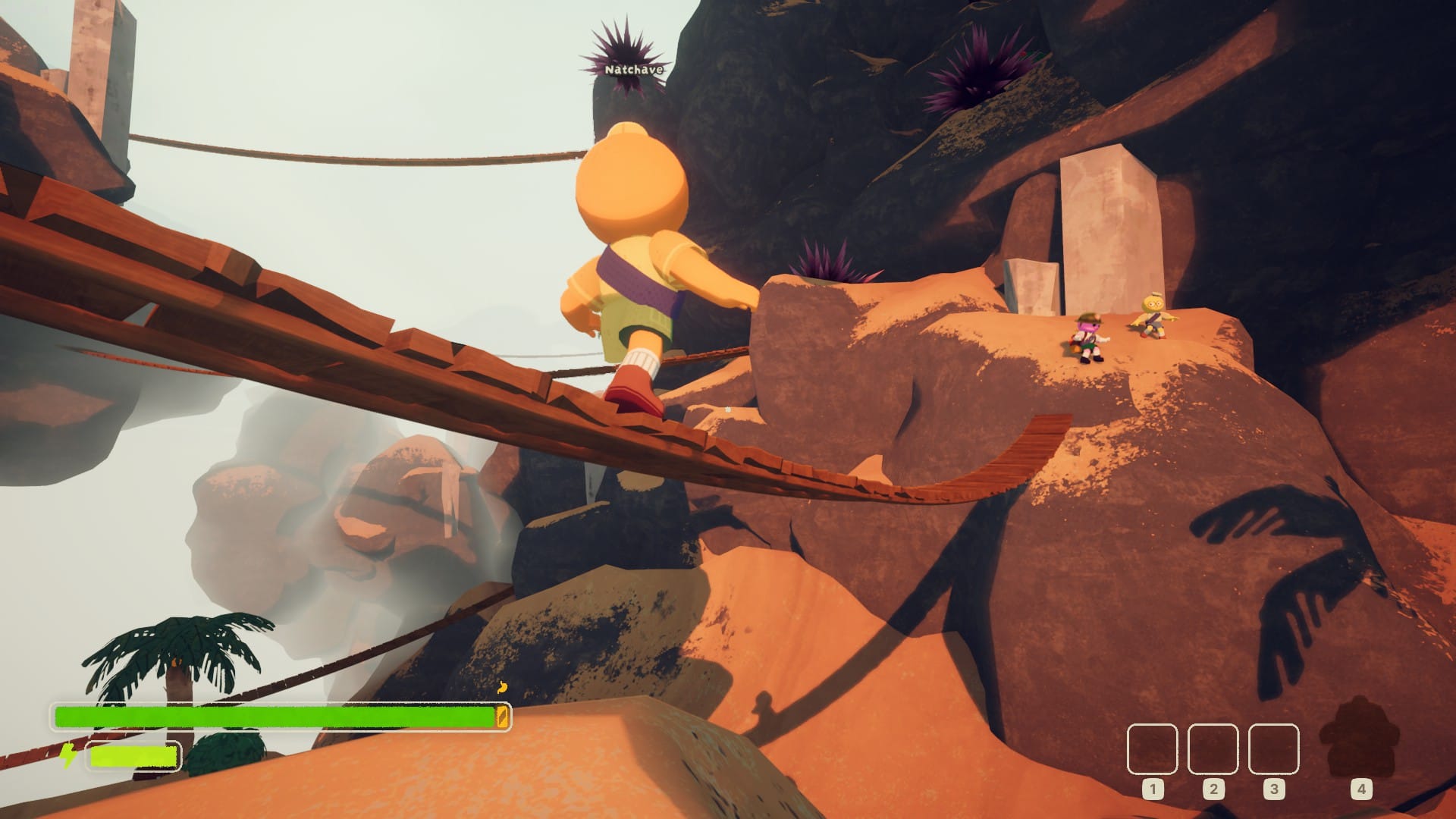 A Peak player runs across a rope bridge to their fellow climbers.