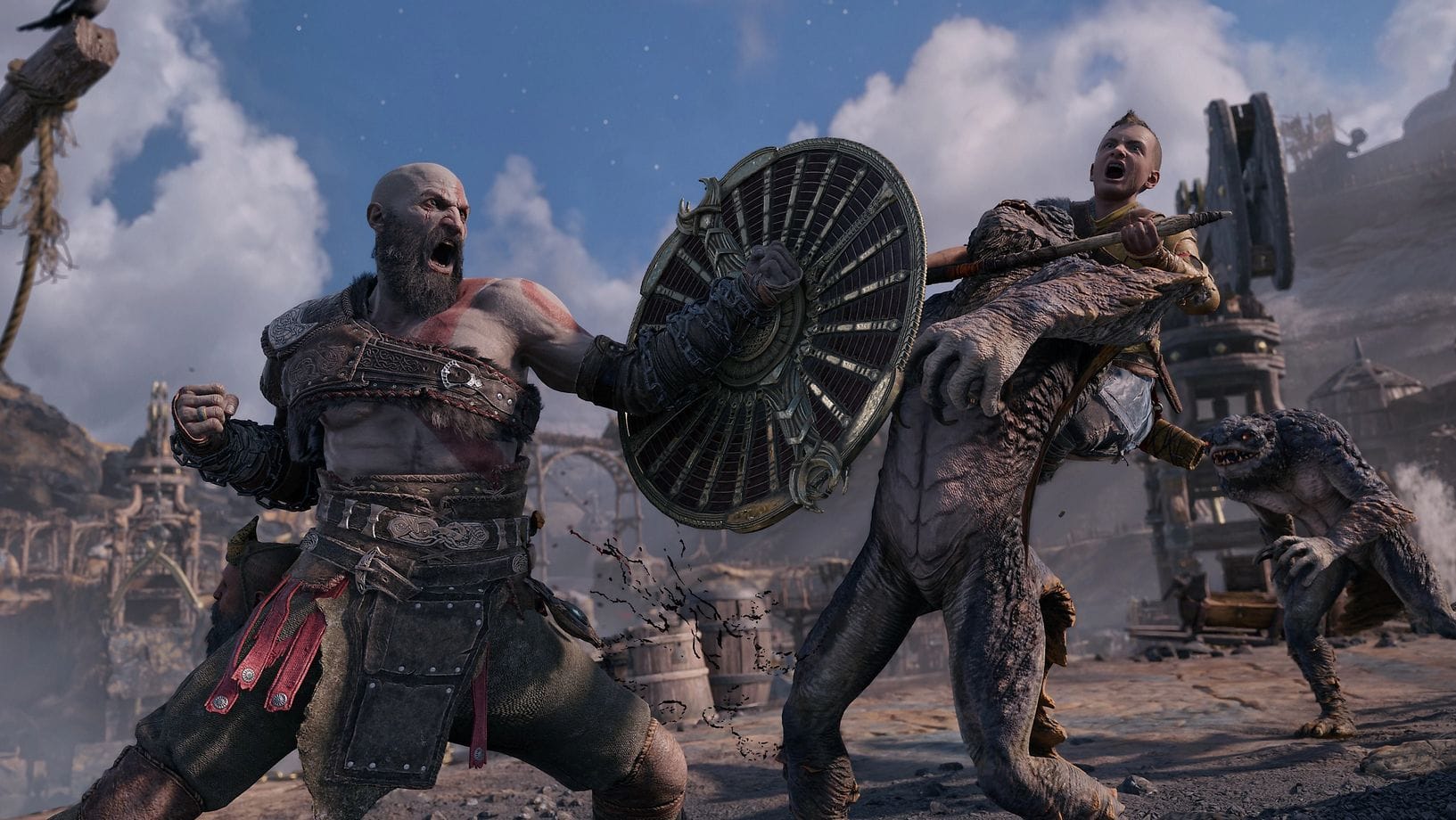 Kratos and Atreus from God Of War fight a lizard dude.