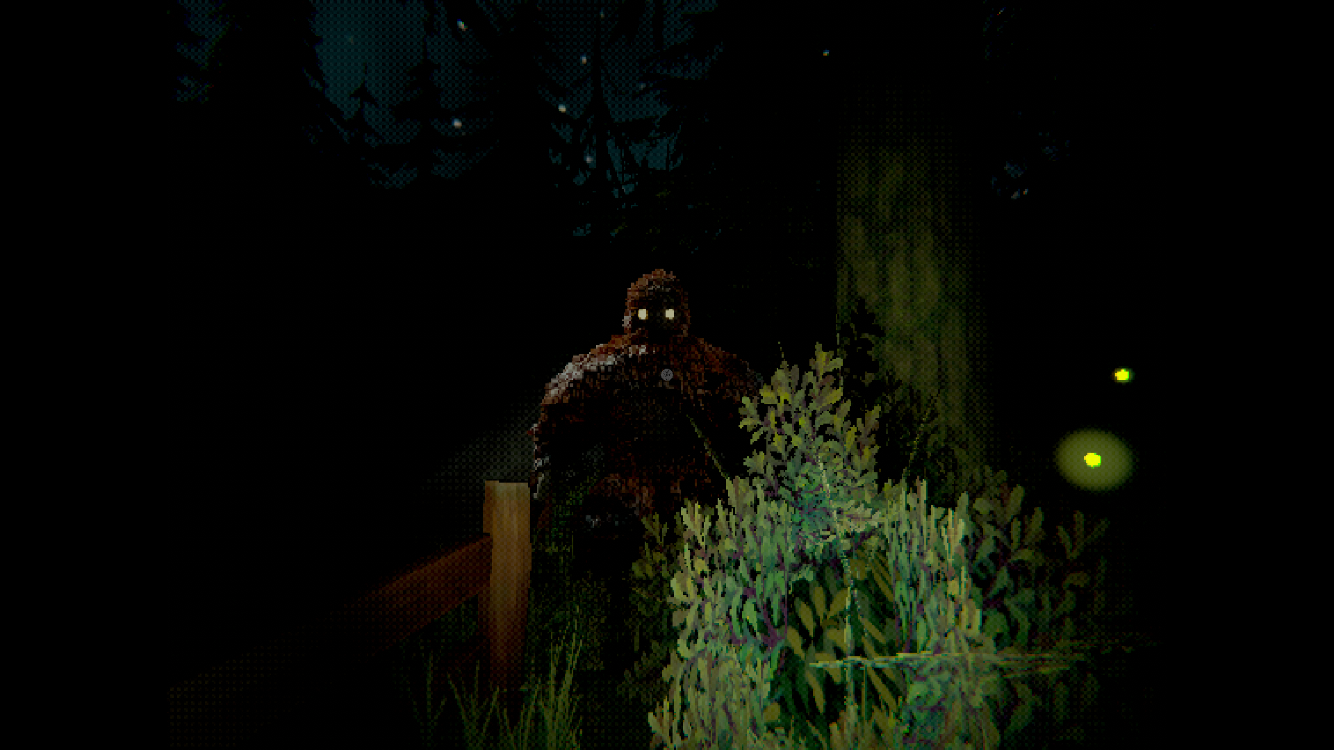 An ominous and shadowy bigfoot behind a tree.