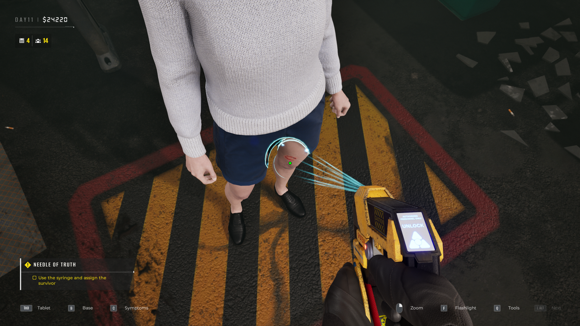 A handheld scanner looking through clothing to revealing a bite mark on a person's thigh.