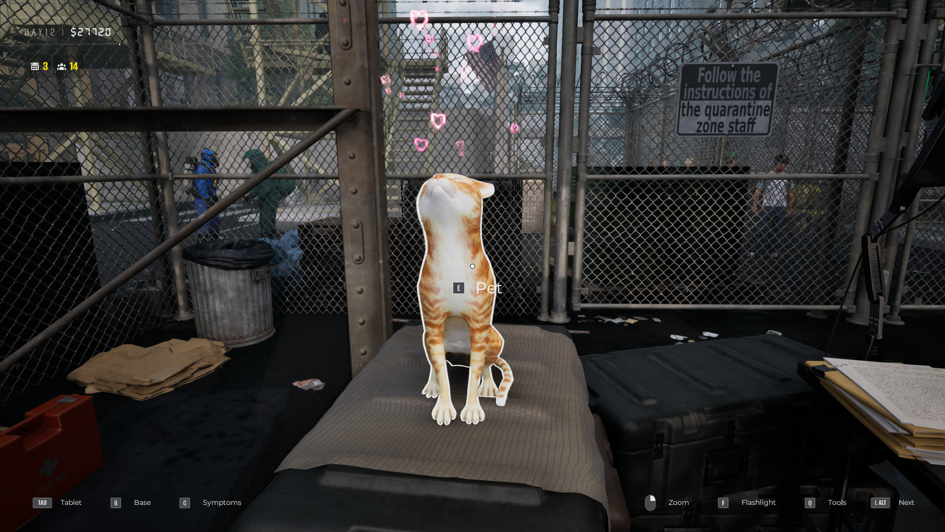 A screenshot showing a cat sitting in the outpost, emitting a cloud pink hearts as it is petted.