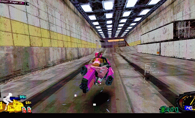 A GIF of a racer in hot pink flying out of a narrow tunnel and coming to a halt against a backdrop of a sci-fi megacity.