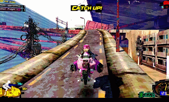 The player weaves in and out of obstacles on a bridge.