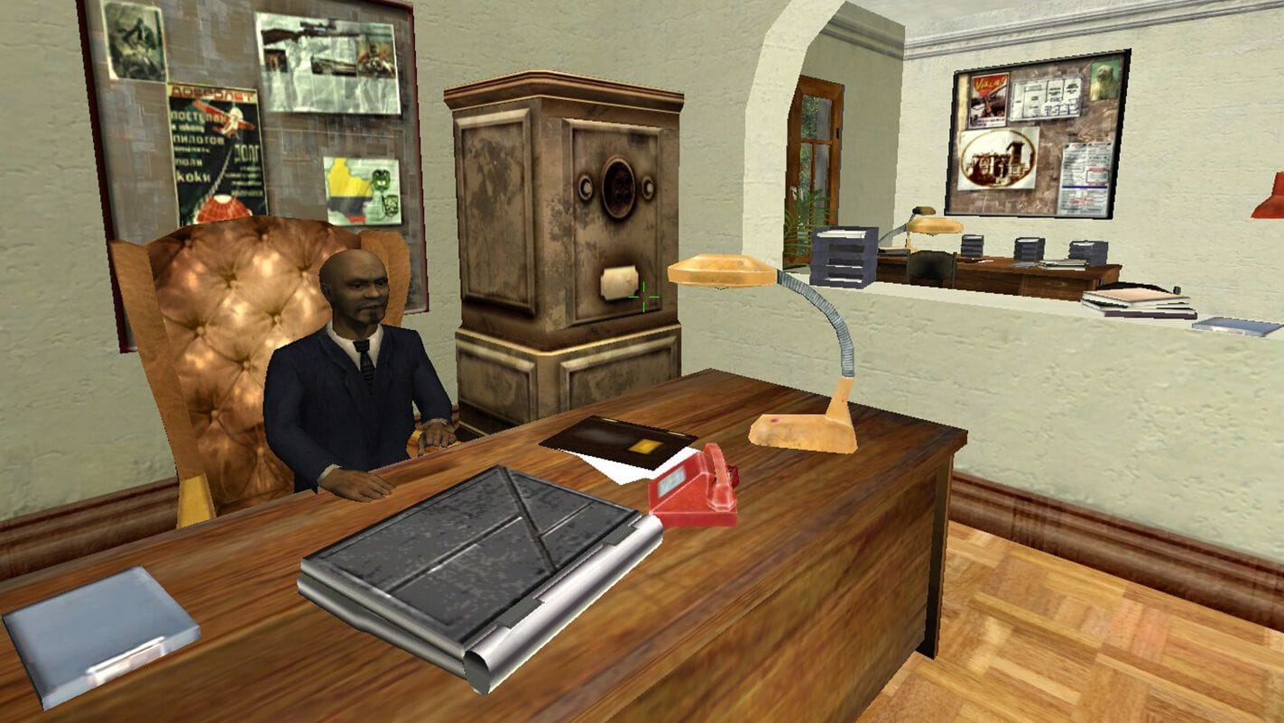 An officer sits at a desk in a police office in Boiling Point.
