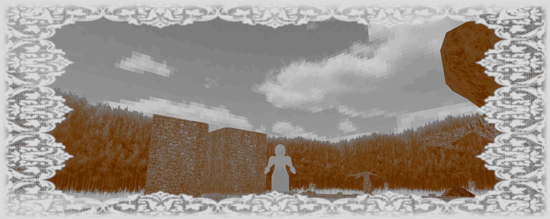 A shadowy figure stands in the distance, in a screen surrounded by white lace.