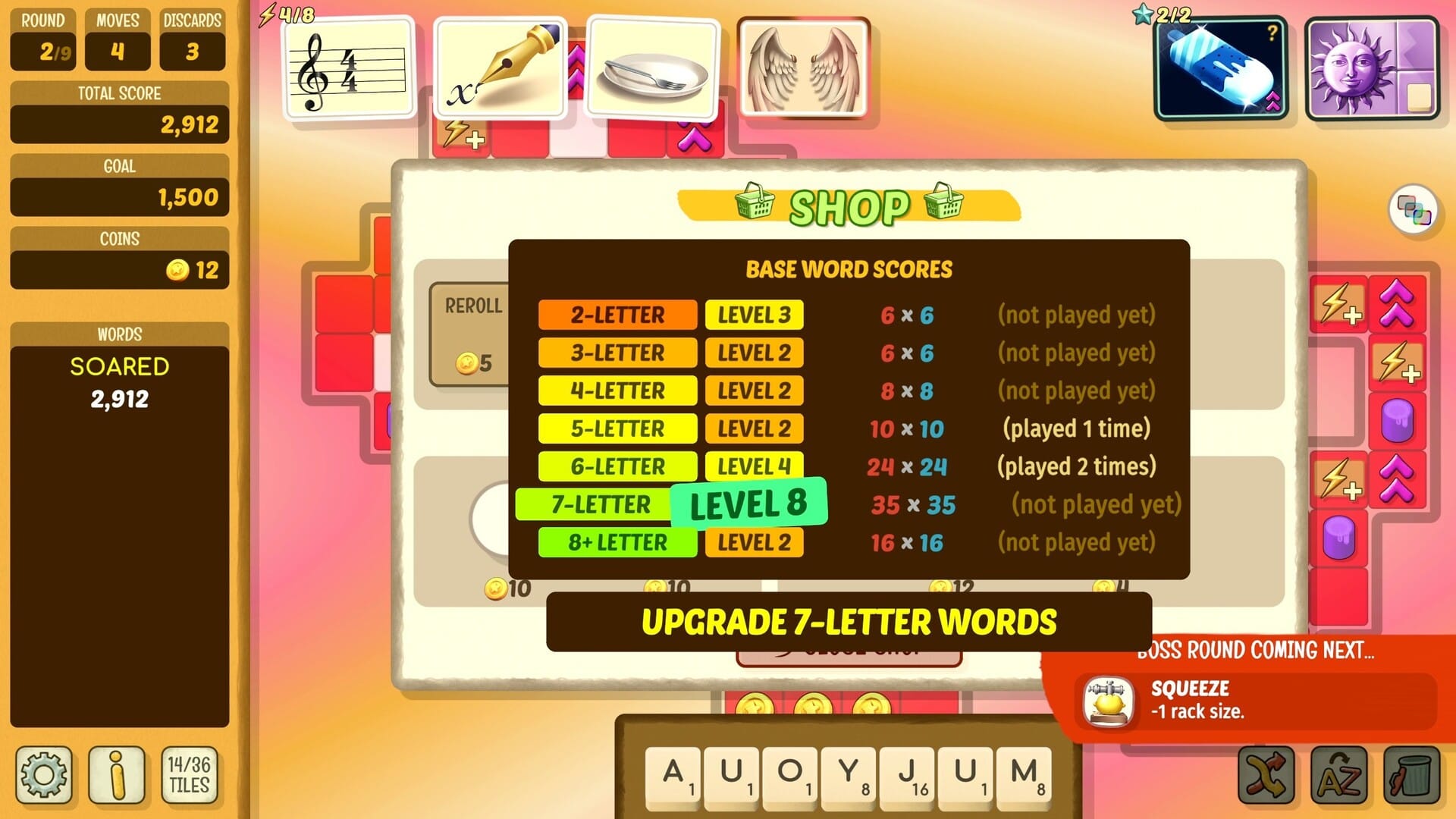 The Shop screen showing base word scores being upgraded.