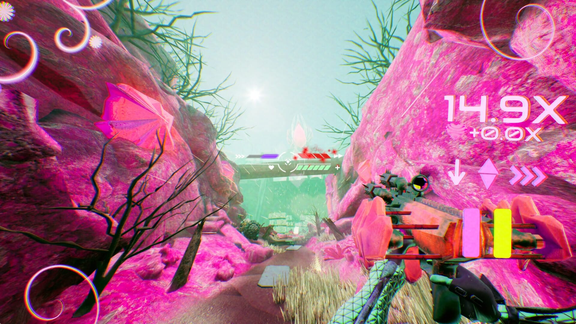 A first-person view of a gorge between pink cliffs in Don't Stop, Girlypop!