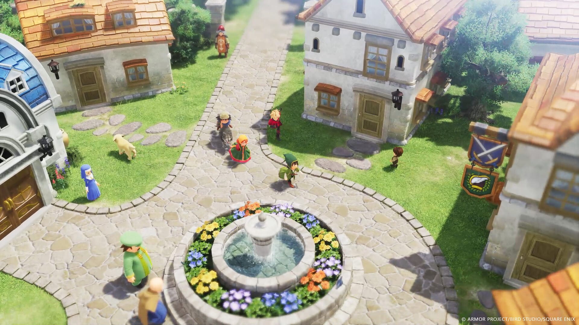 A fountain in an idyllic town in Dragon Quest VII Reimagined.