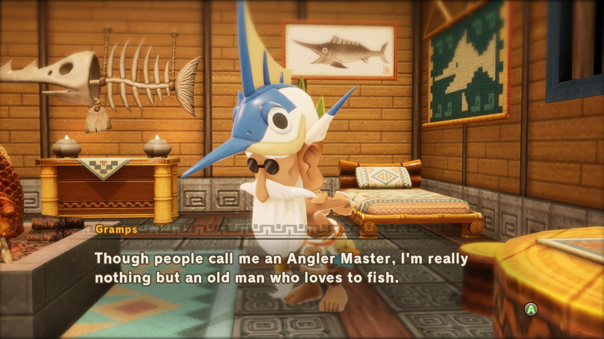 An old man called Gramps who loves to fish, with a long beard, wearing a fish hat.