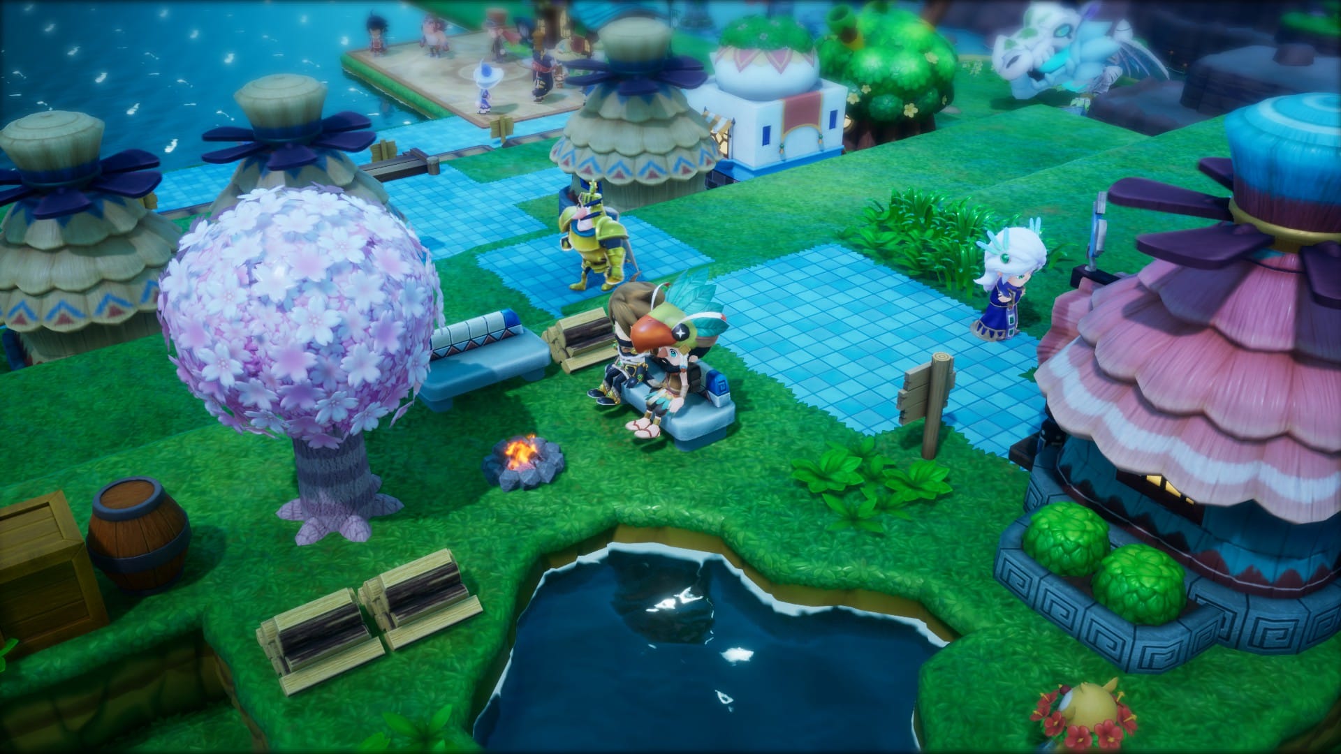 People sit on a bench under a cherry blossom try by a pond. It is bucolic and charming.