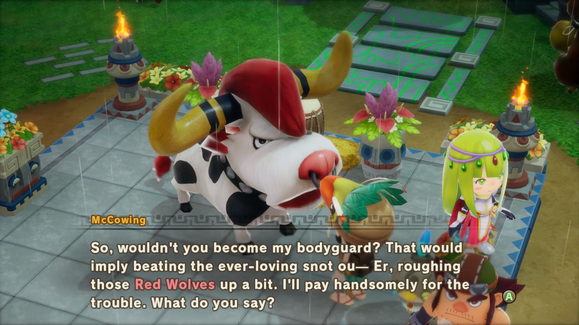 A cow or possibly bull named McCowing asks the player to murder some Red Wolves.