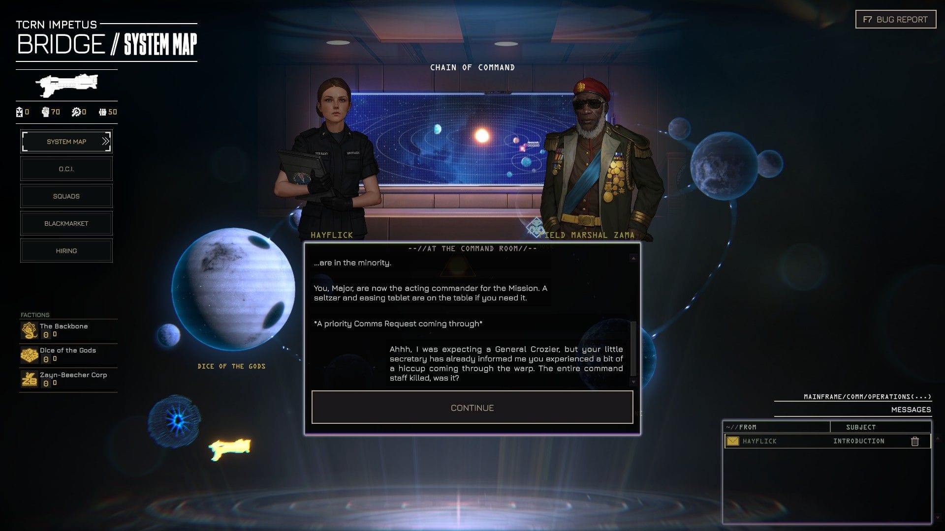 Two military figures talk over the image of a solar system map in the game's menus.