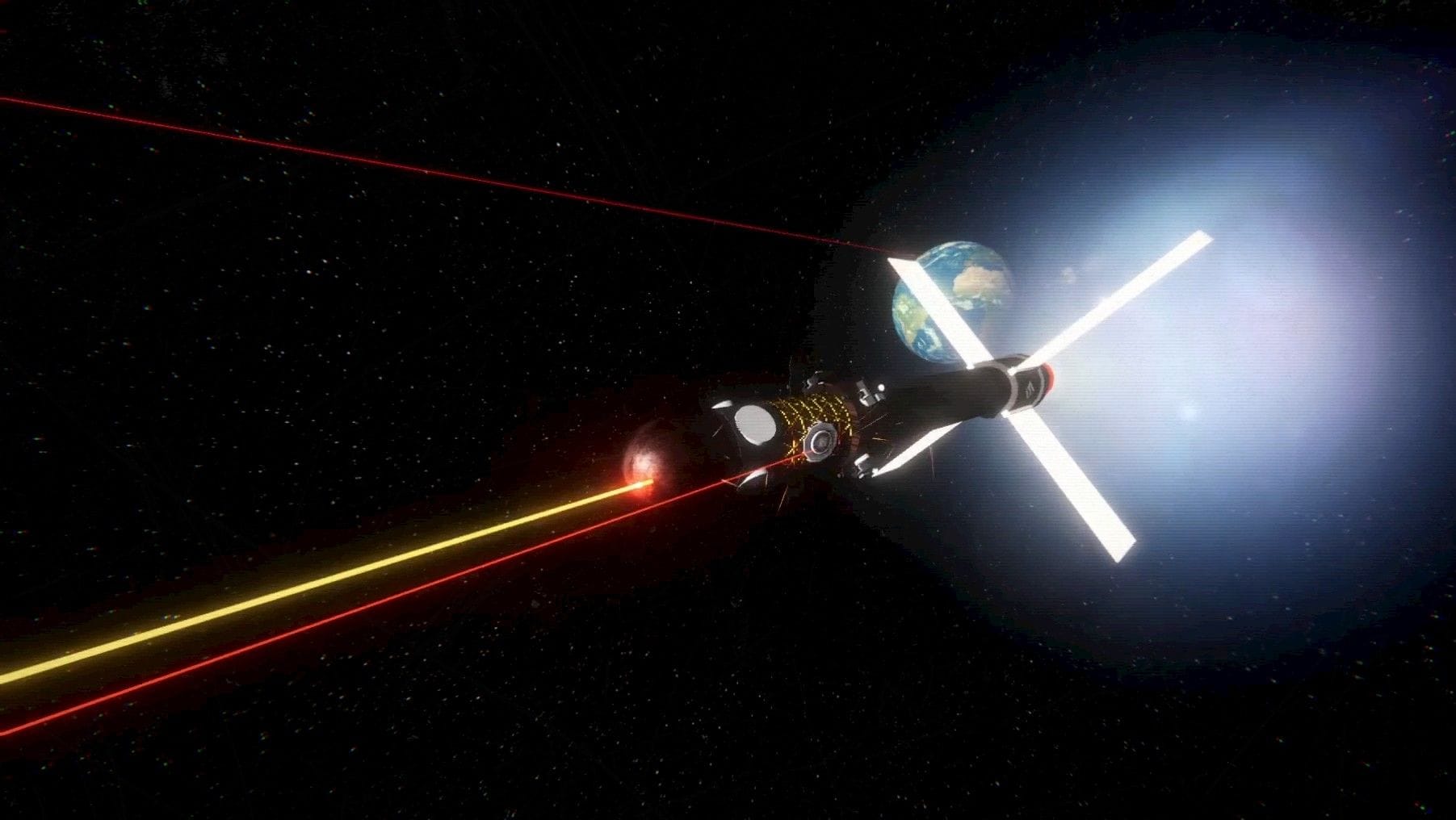 A spaceship with four fin-like radiators fires lasers off-screen.