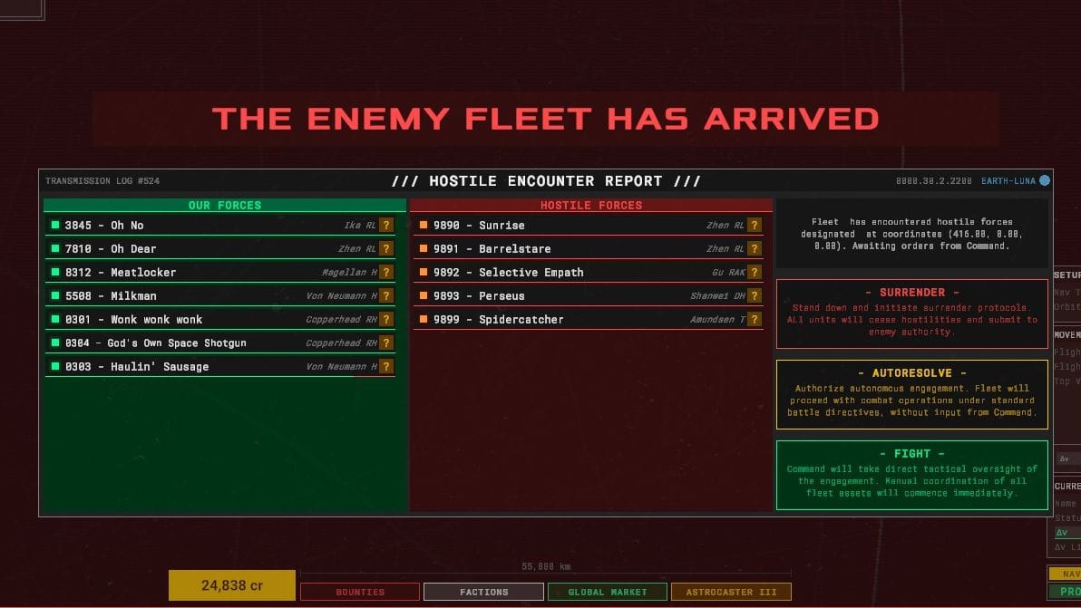 A menu shows that an enemy fleet has arrived and is going to do battle, listing all the ships that will be involved on either side.
