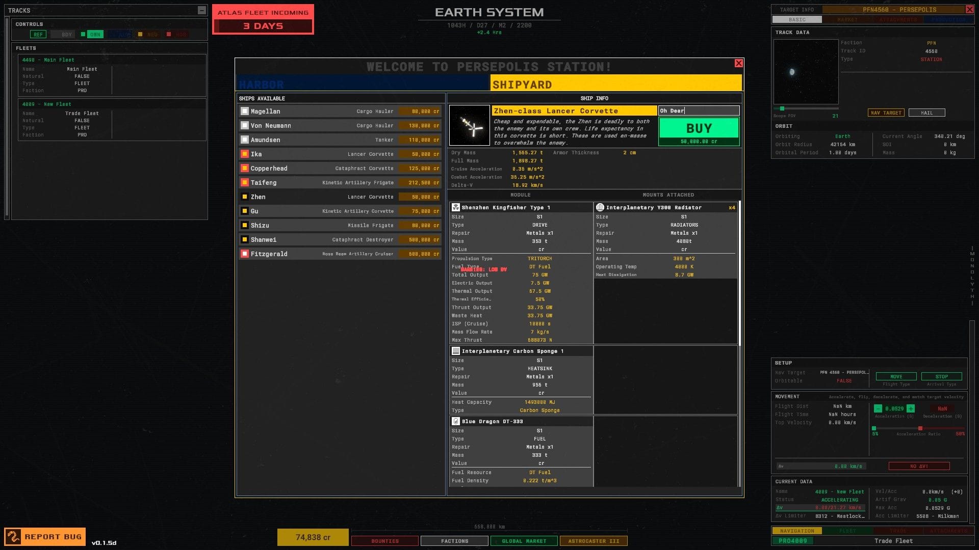 A menu screen for buying ships, featuring a "Lancer Corvette" and all its many stats.