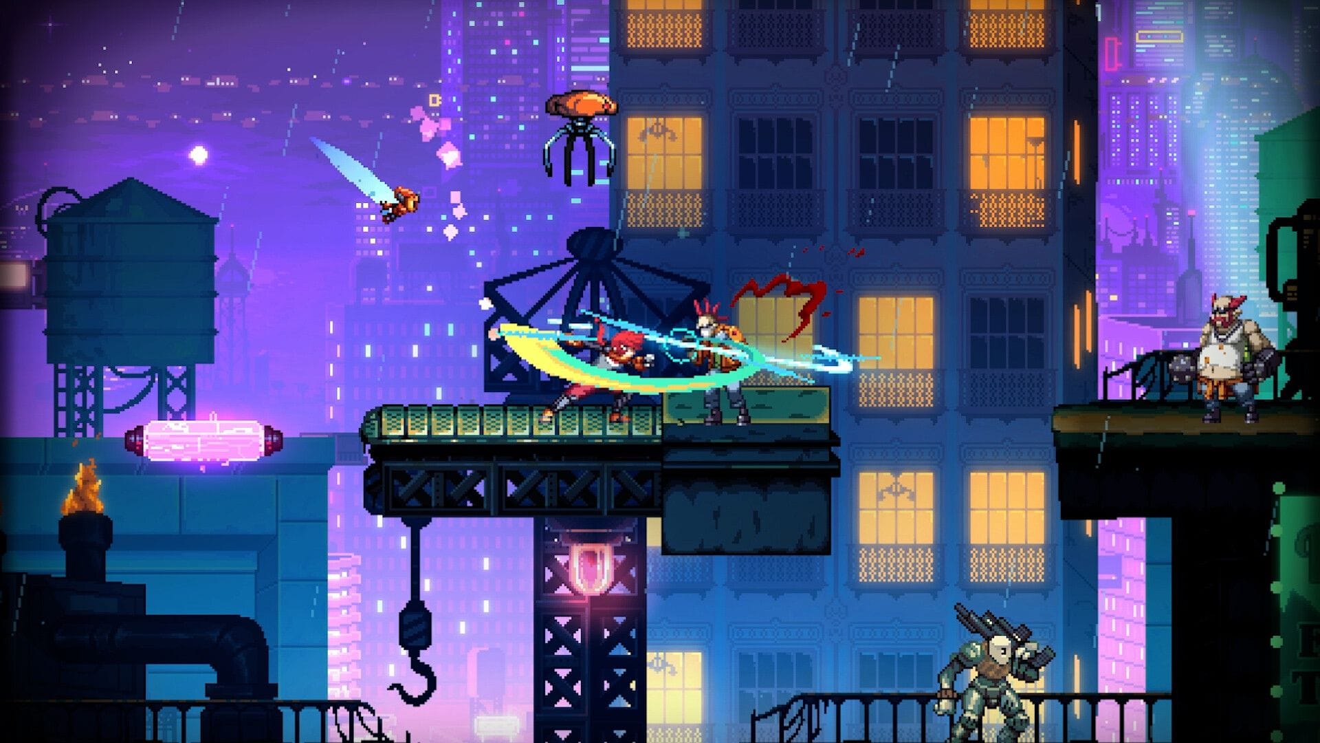A pixel hero slices an enemy punk in a purple tinted cyberpunk city.