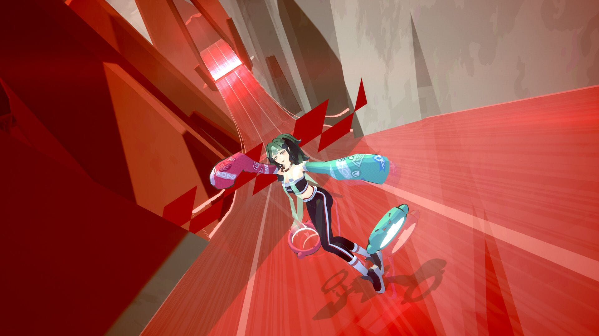 A racer in jogger bottoms dances on a red, vinyl textured racecourse.