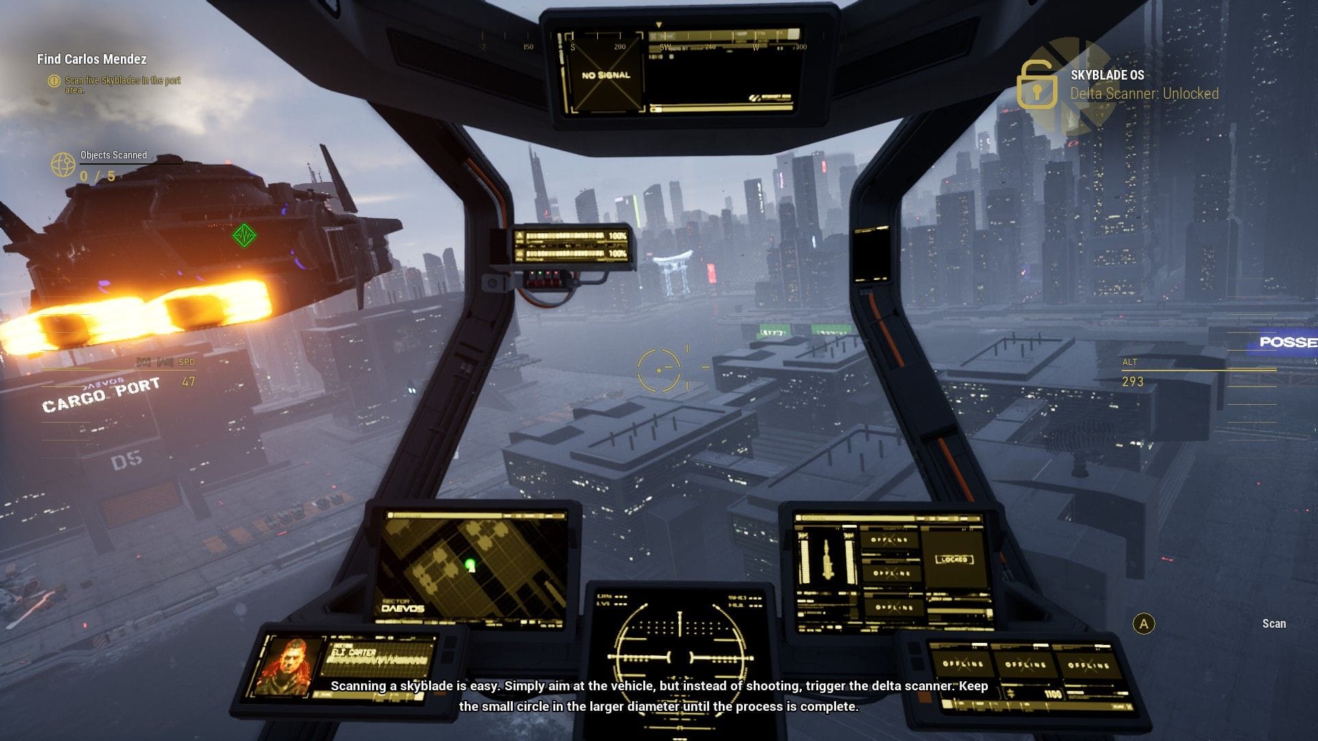 The view from a cockpit of a sci-fi aircraft as it hovers above a polluted city, with another airship passing close by.