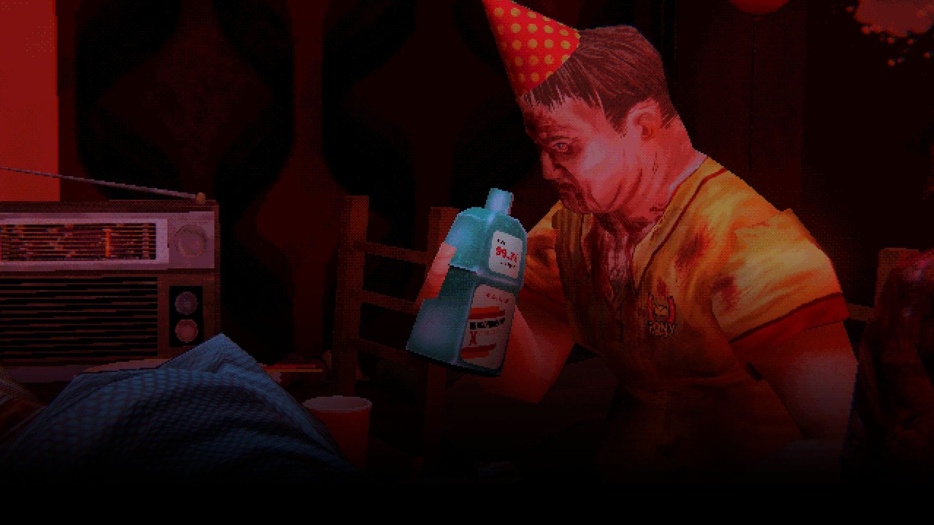 Swansea sits bloodied, about to drink from a bottle of mouthwash, wearing a party hat.