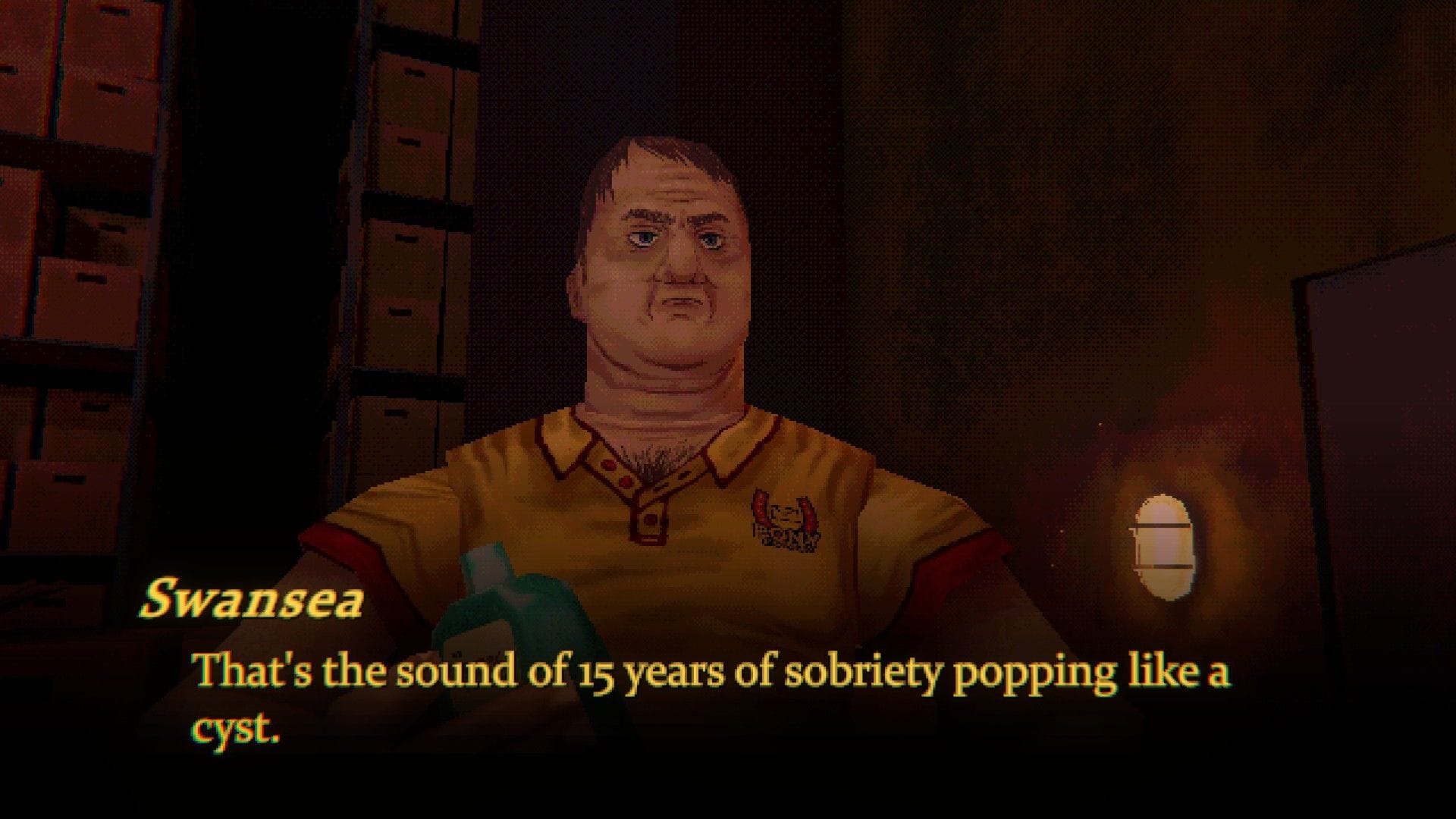 Swansea holding a bottle of mouthwash and saying "That's the sound of 15 years of sobriety popping like a cyst."