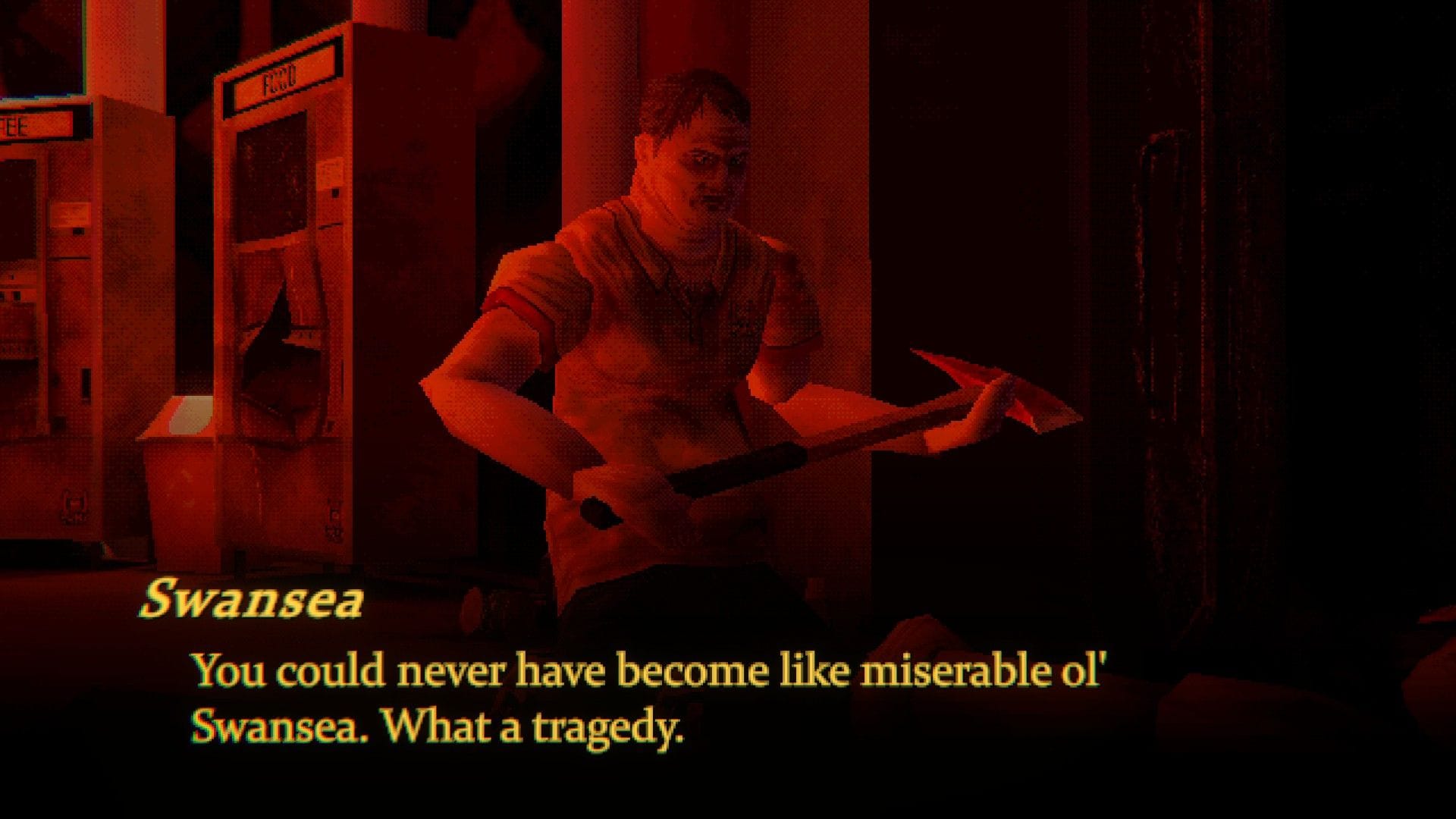 Swansea holds an axe while kneeling over the writhing Daisuke.