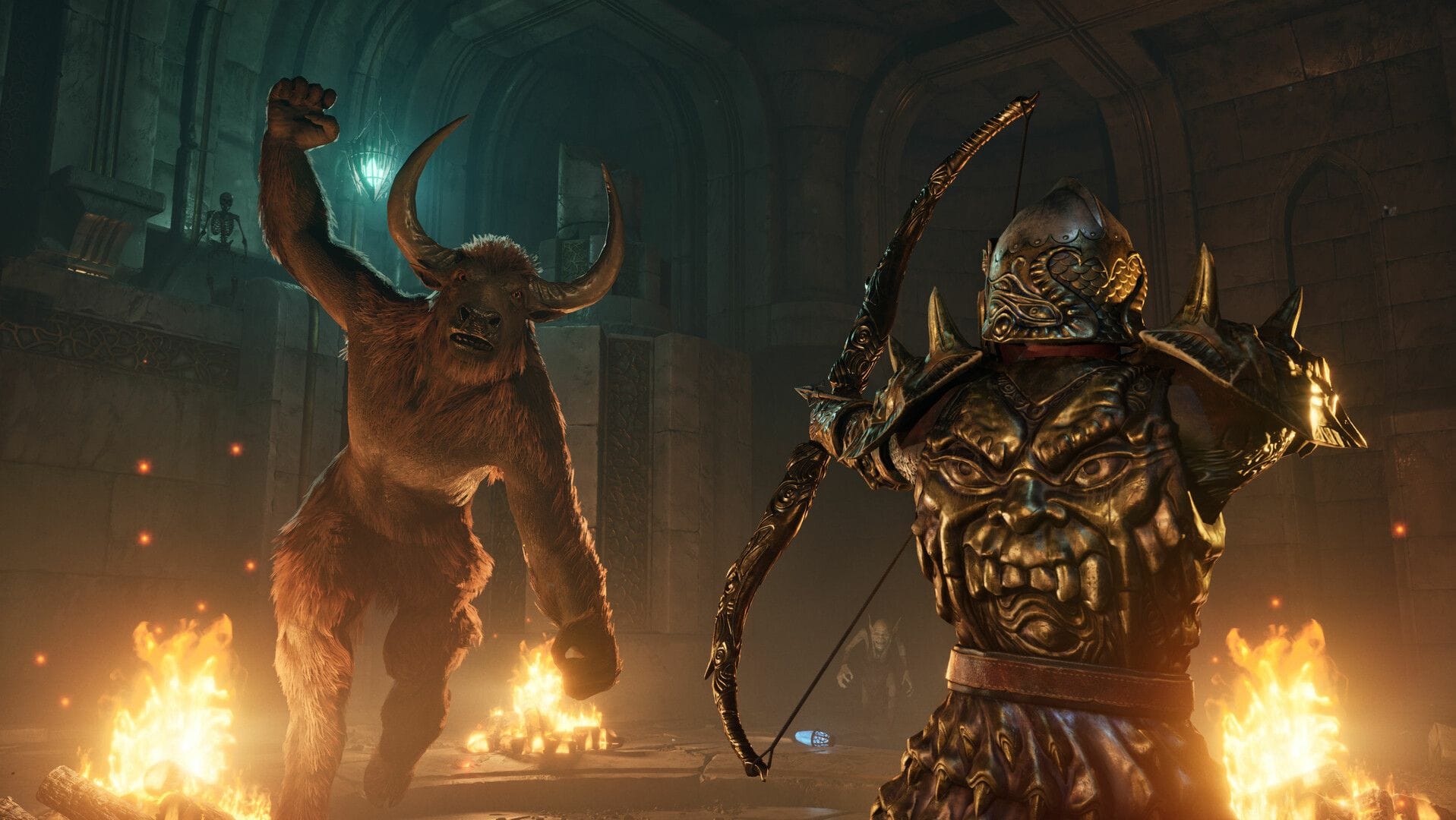 An archer in golden armour prepares to fire an arrow at a rampaging beast with horns as fire burns all around in a dungeon.