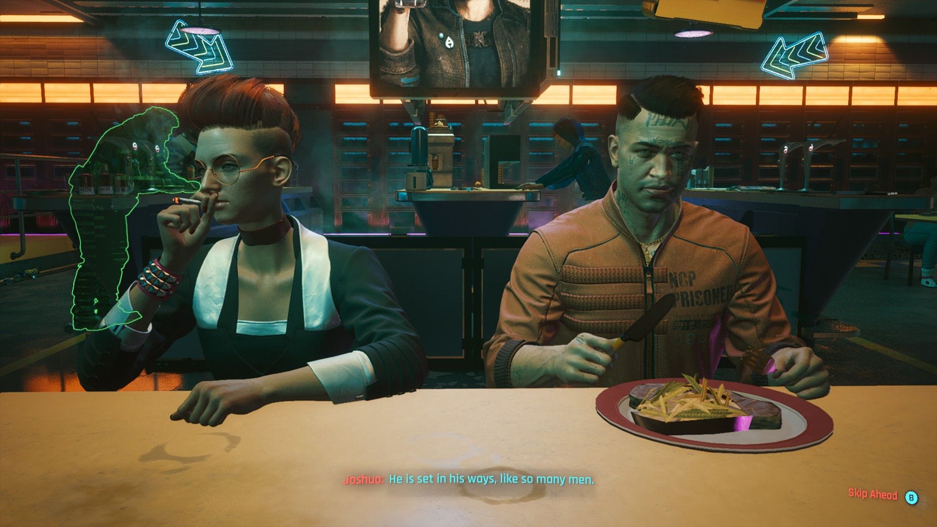 A woman with glasses and a punk haircut smokes next to a tattooed man in prisoner overalls as he eats a meal.