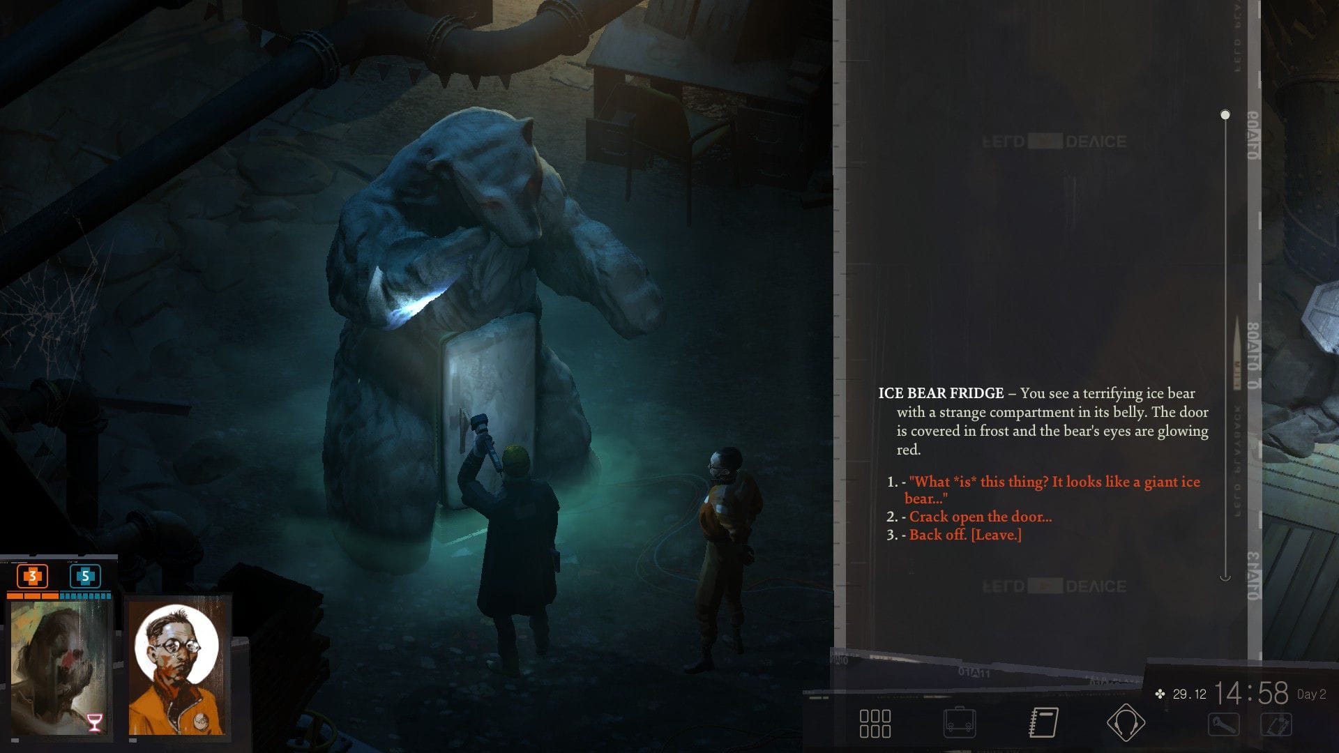 The two cops in Disco Elysium shine their torches on a bear-shaped refrigerator. 