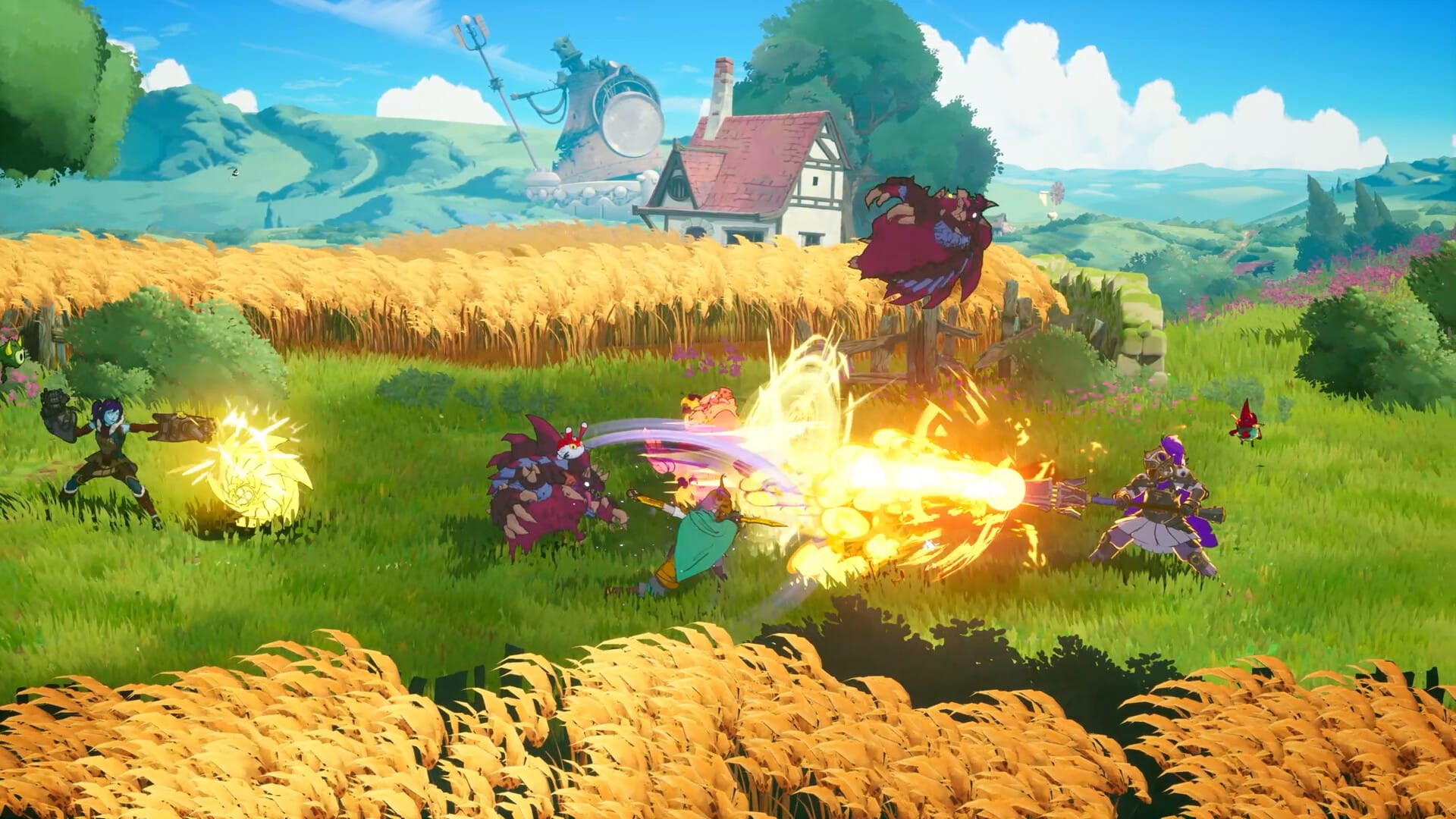 Some magic guys blast fire at an enemy next to a bunch of cornfields and grass.