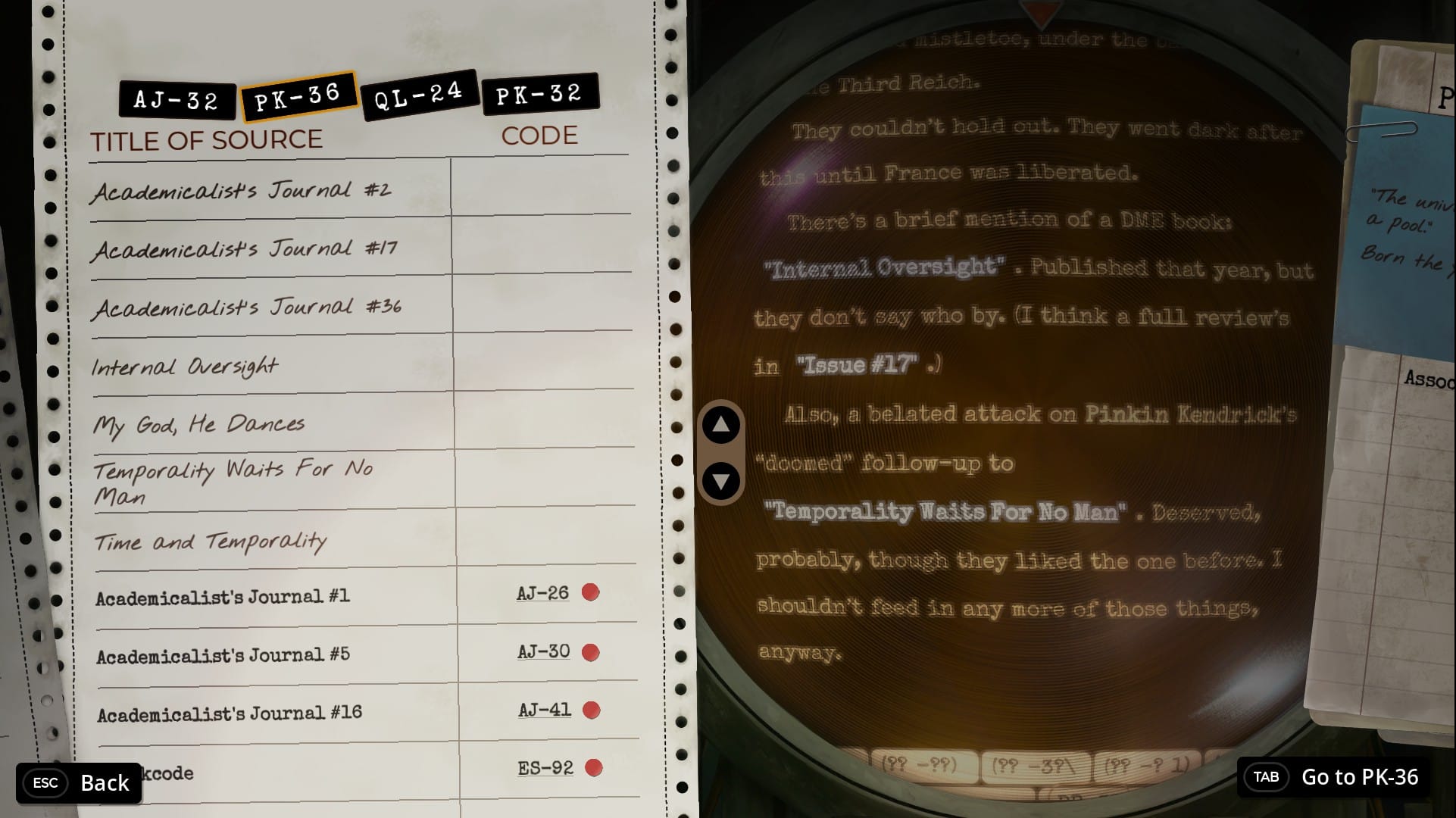 A list of books and journal editions is displayed on a printout, with names like "Internal Oversight" and "Temporality Waits For No Man".