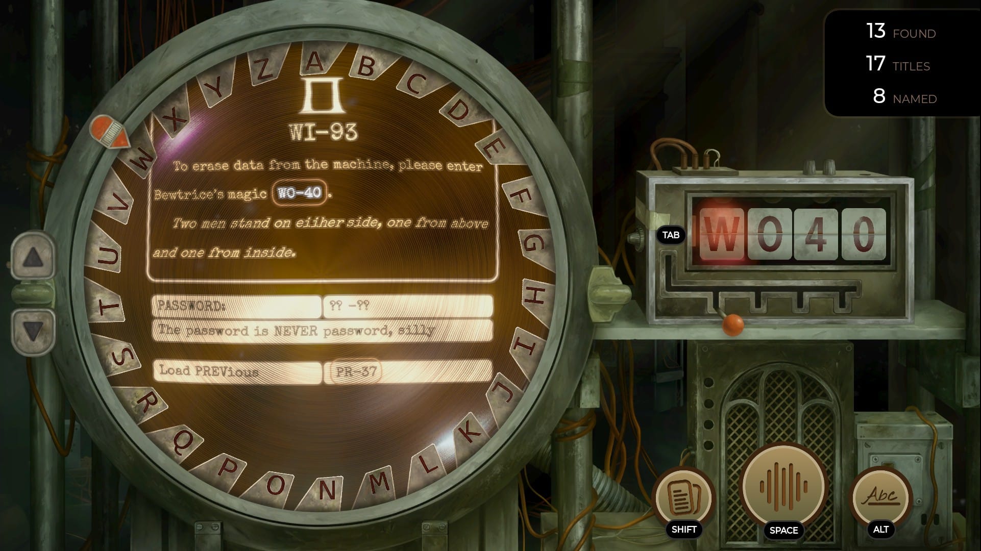 The machine is surrounded by letters on metal tabs which the player can use to input the first two codes.