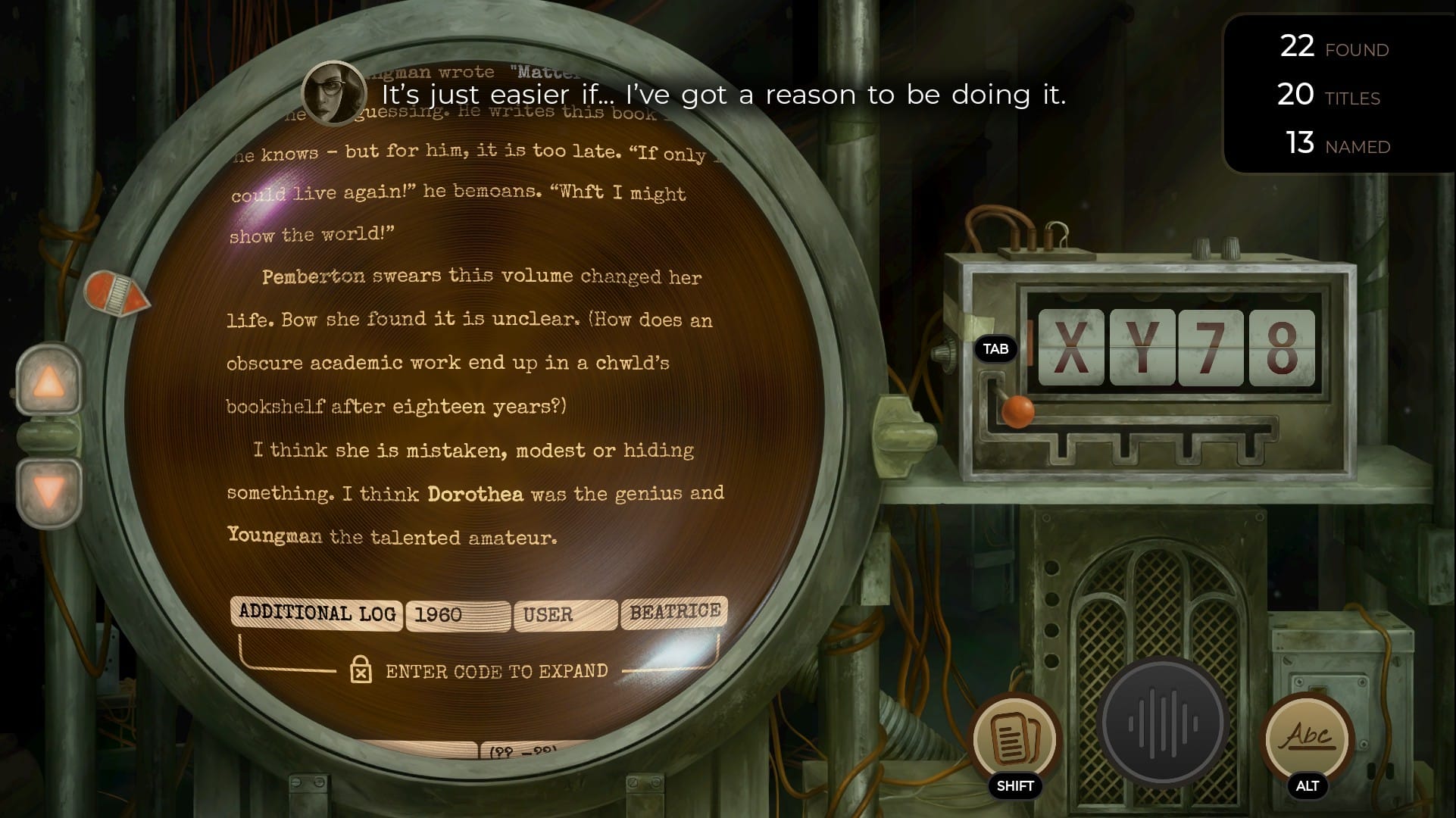 The machine displays an entry for a book by an author beginning with the initial XY.