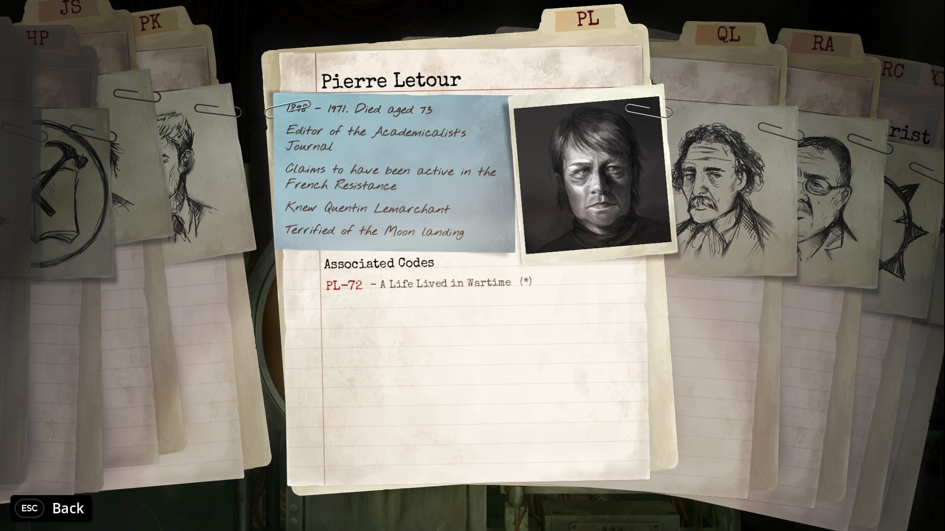 A photograph of an author called Pierre Letour sits on a page with notes about him. Behind are many other documents.