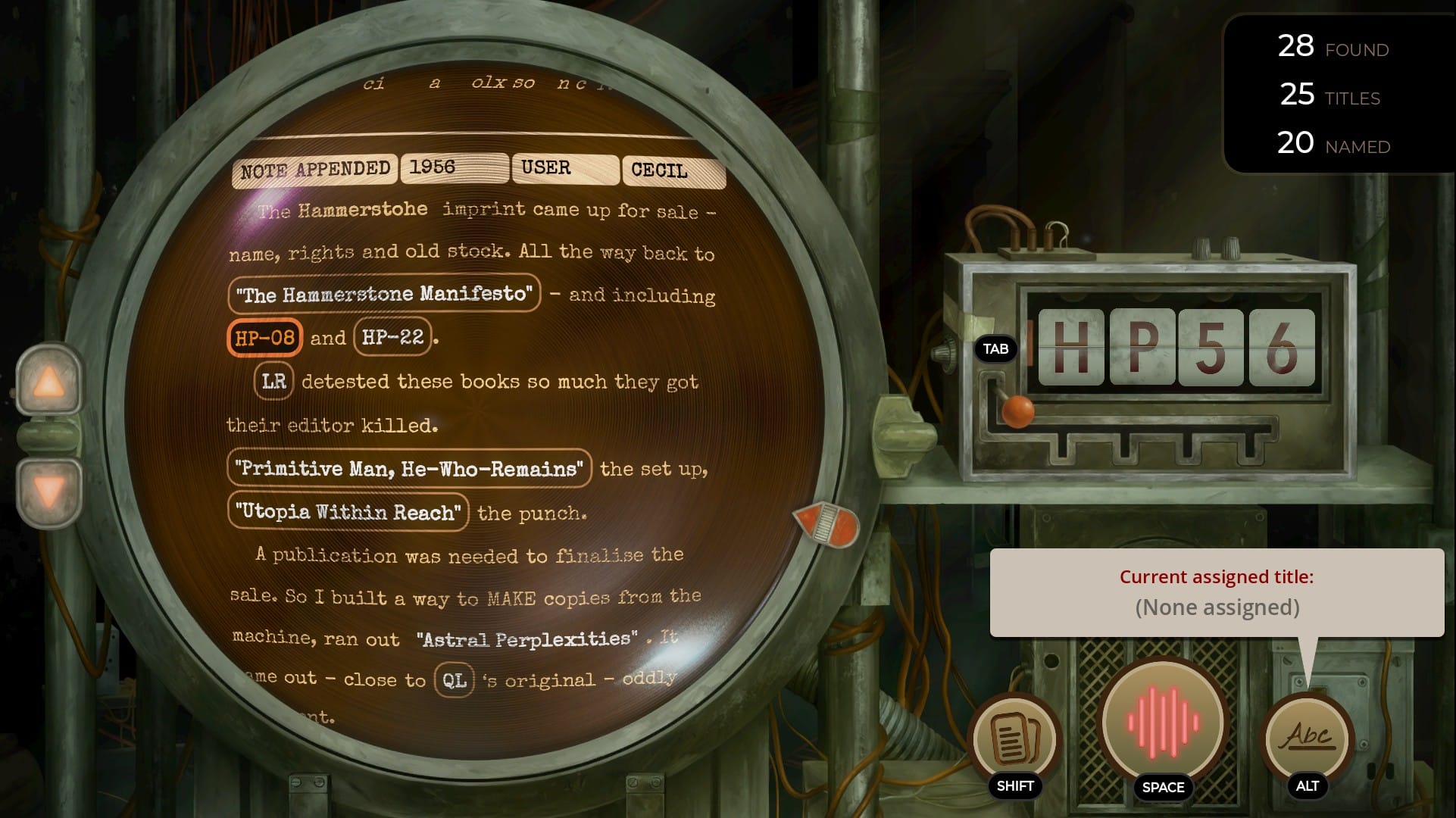 The machine displays entry HP56 which mentions a journal article called the "Hammerstone Manifesto".