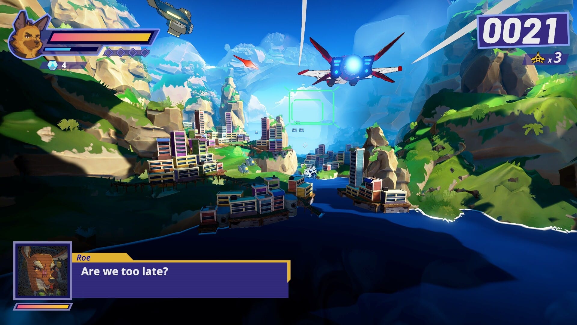 A single-pilot craft flies towards a colourful city nestled among two grassy mountains separated by a river.