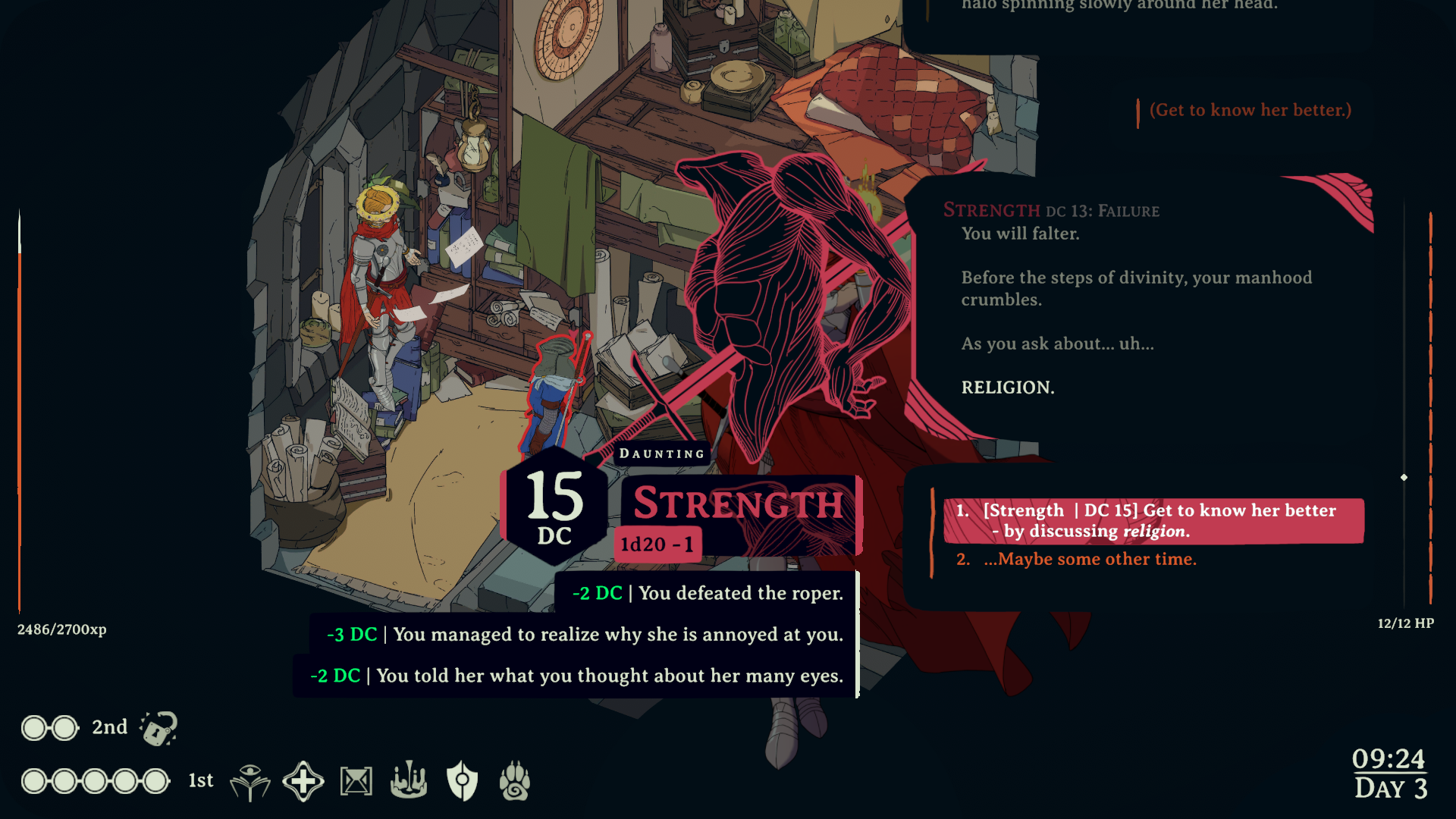 The player is using their Strength stat to flirt with an immortal being that looks like a floating person in armour with a halo.