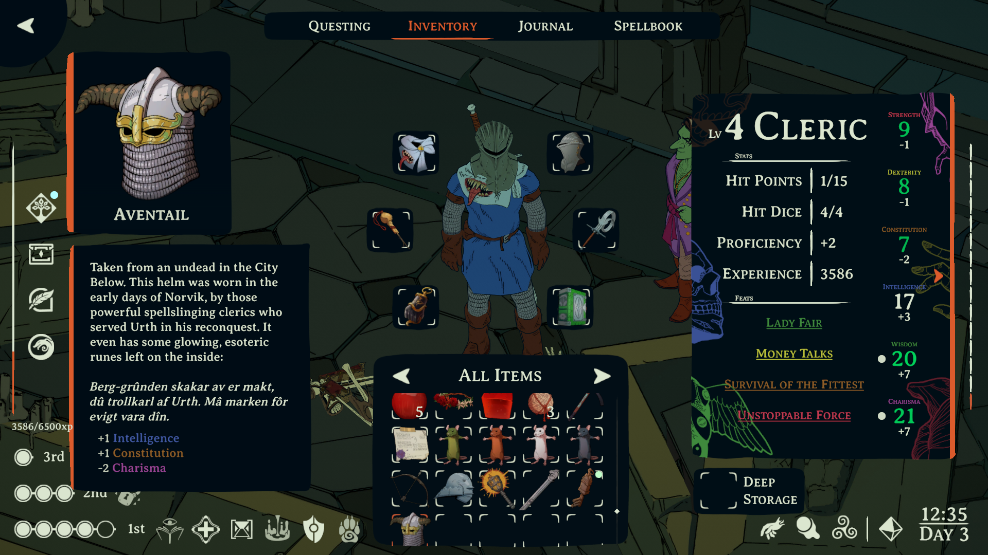 The Esoteric Ebb inventory screen, showing four rats in the player's possession.