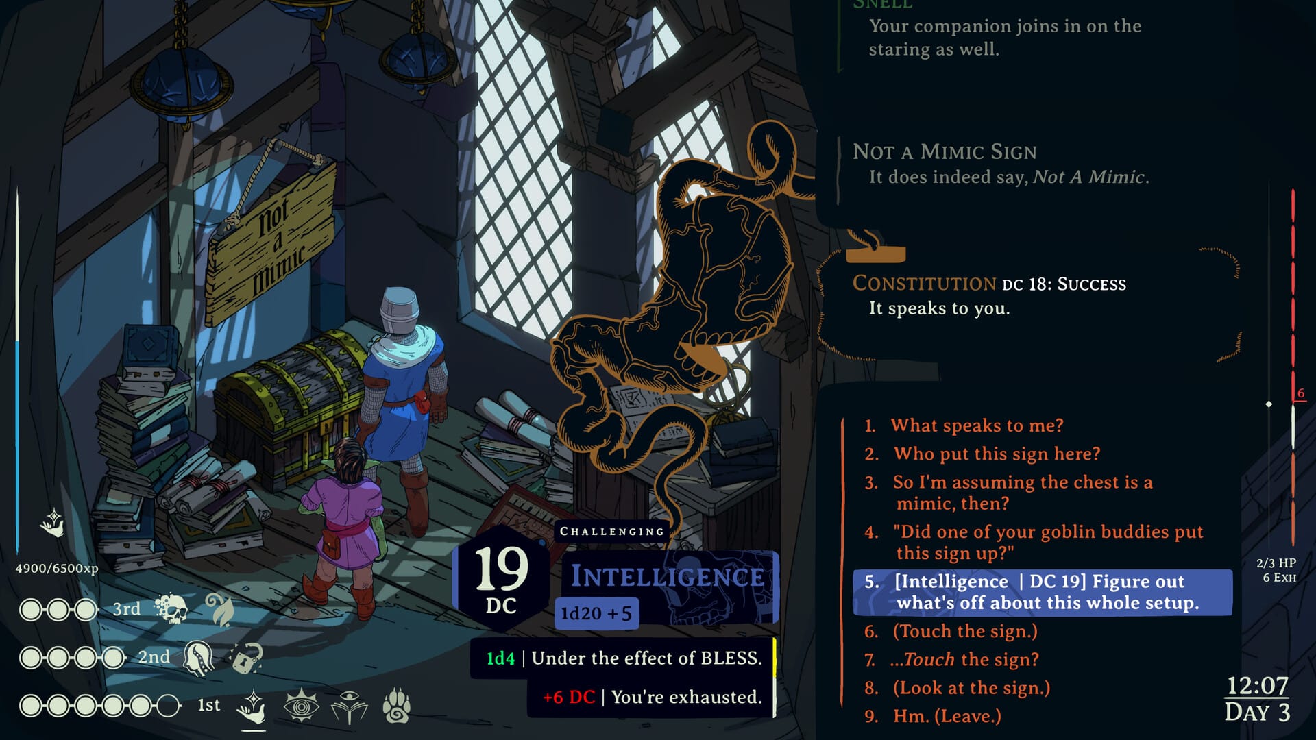 Two adventurers stand by a chest. "Not a mimic", reads a sign above it.